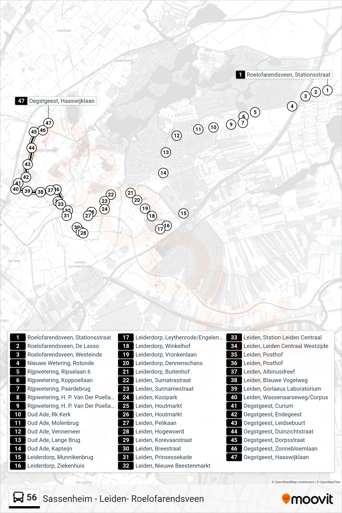 Lijn 56 (bus, Oegstgeest): route en haltes op de kaart