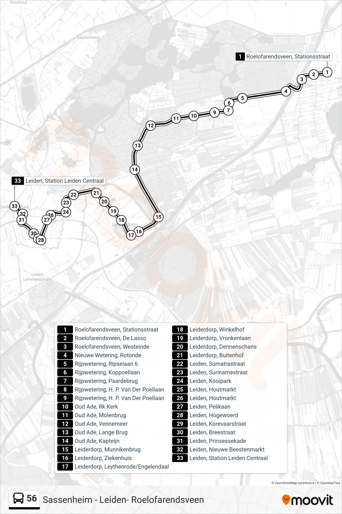 56 bus Line (Leiden Cs) route and stops on a map