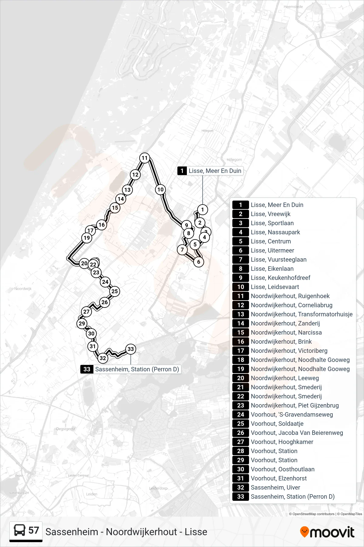 Lijn 57 (bus, Sassenheim): route en haltes op de kaart