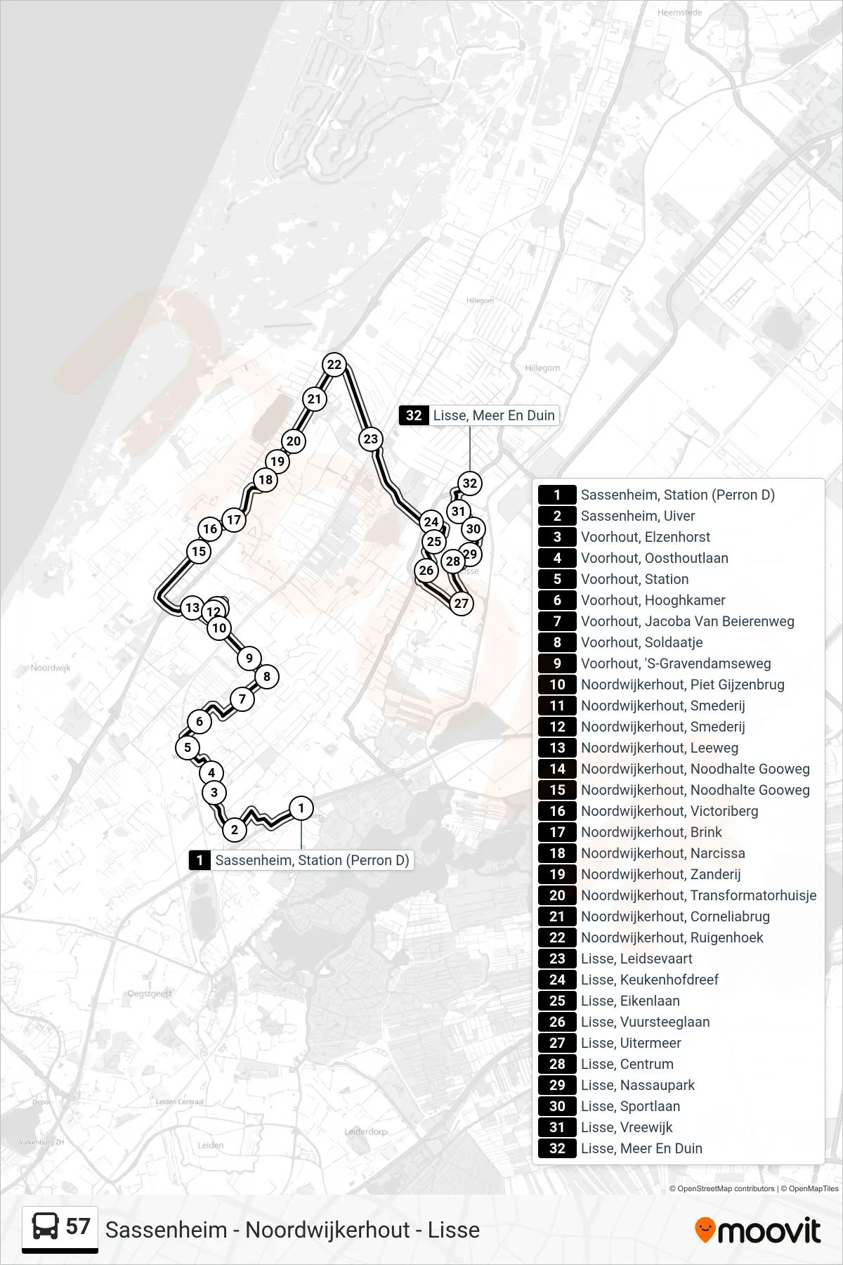 Lijn 57 (bus, Lisse): route en haltes op de kaart