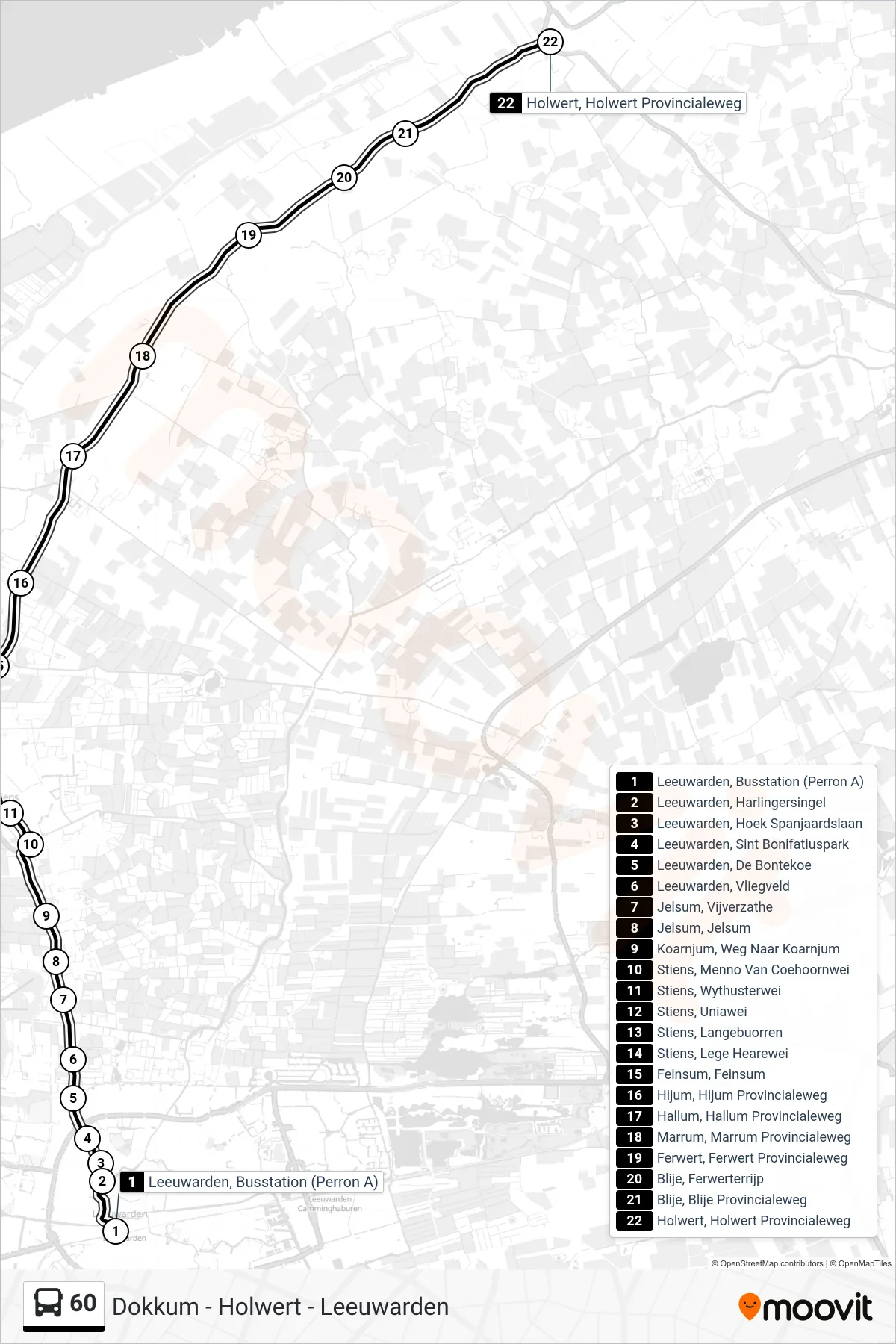 60 bus Line (Holwert) route and stops on a map