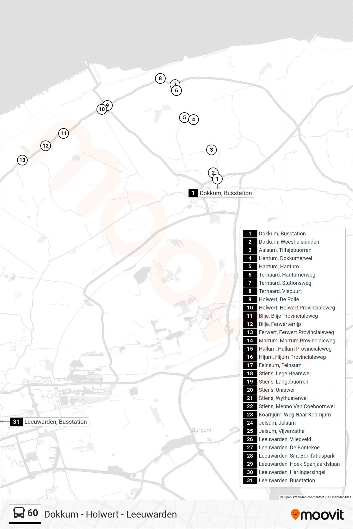 60 bus Line (Leeuwarden) route and stops on a map