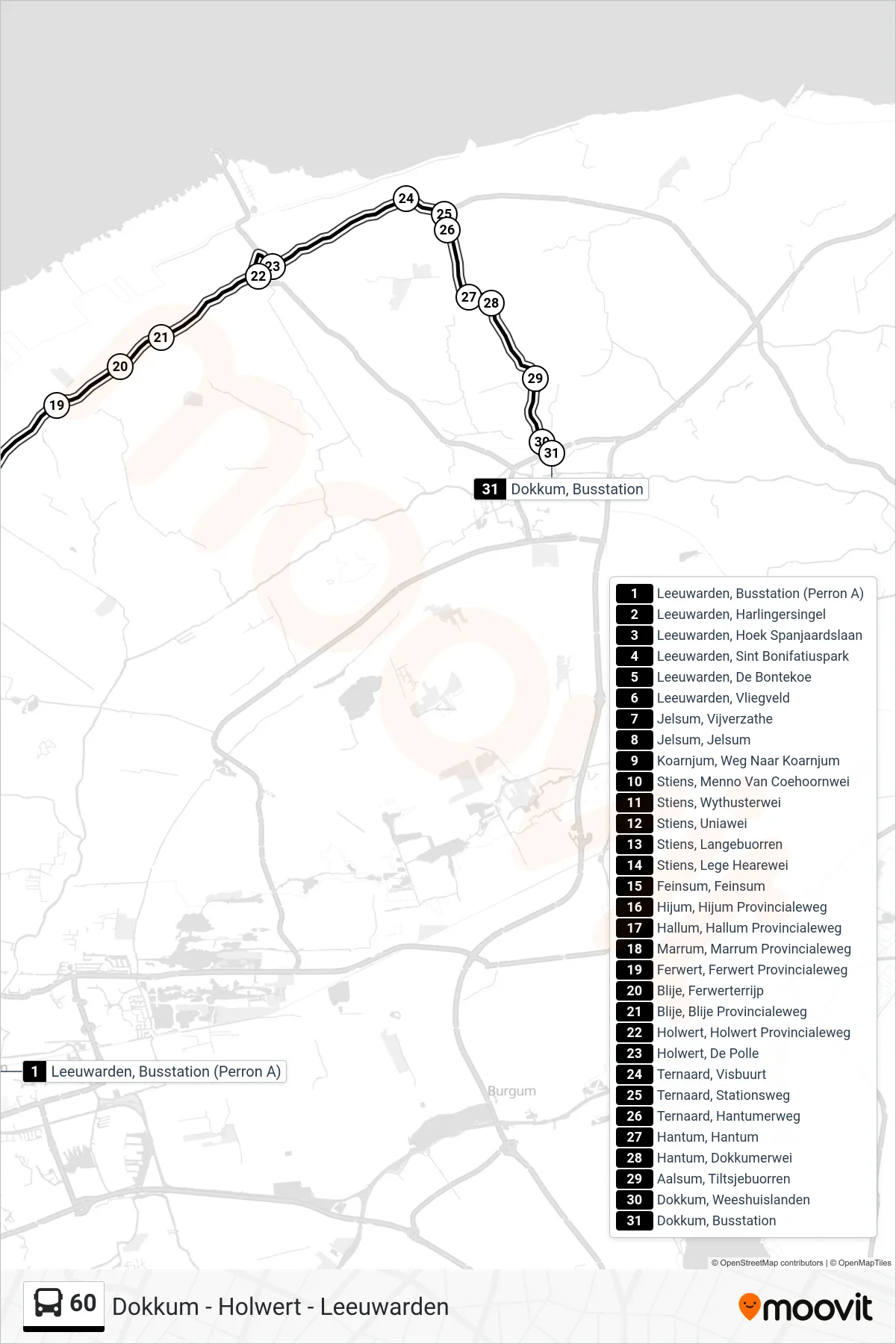 60 bus Line (Dokkum) route and stops on a map
