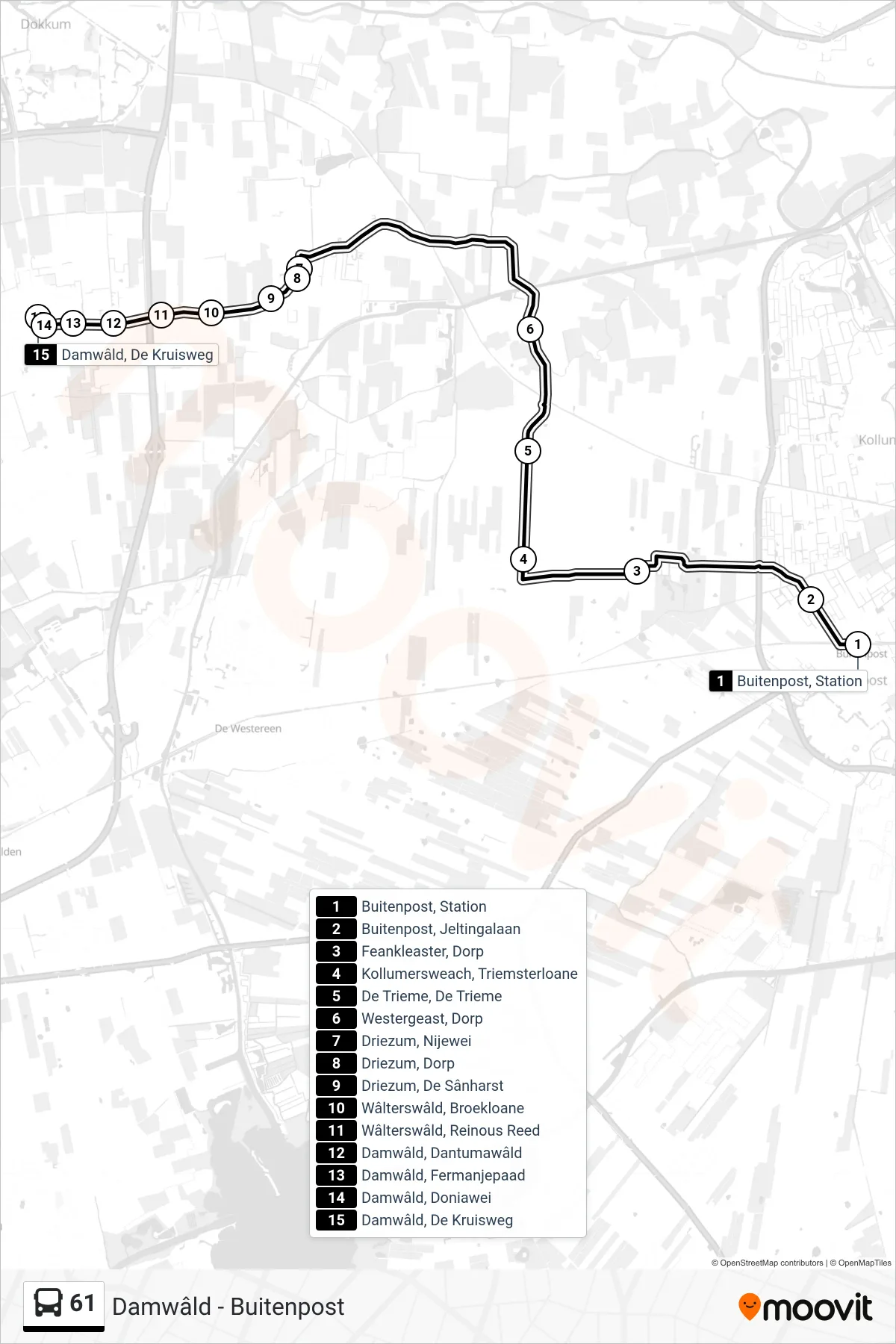Lijn 61 (bus, Damwâld): route en haltes op de kaart