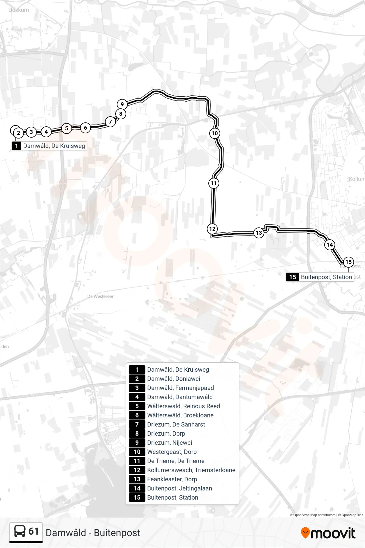 Lijn 61 (bus, Buitenpost): route en haltes op de kaart
