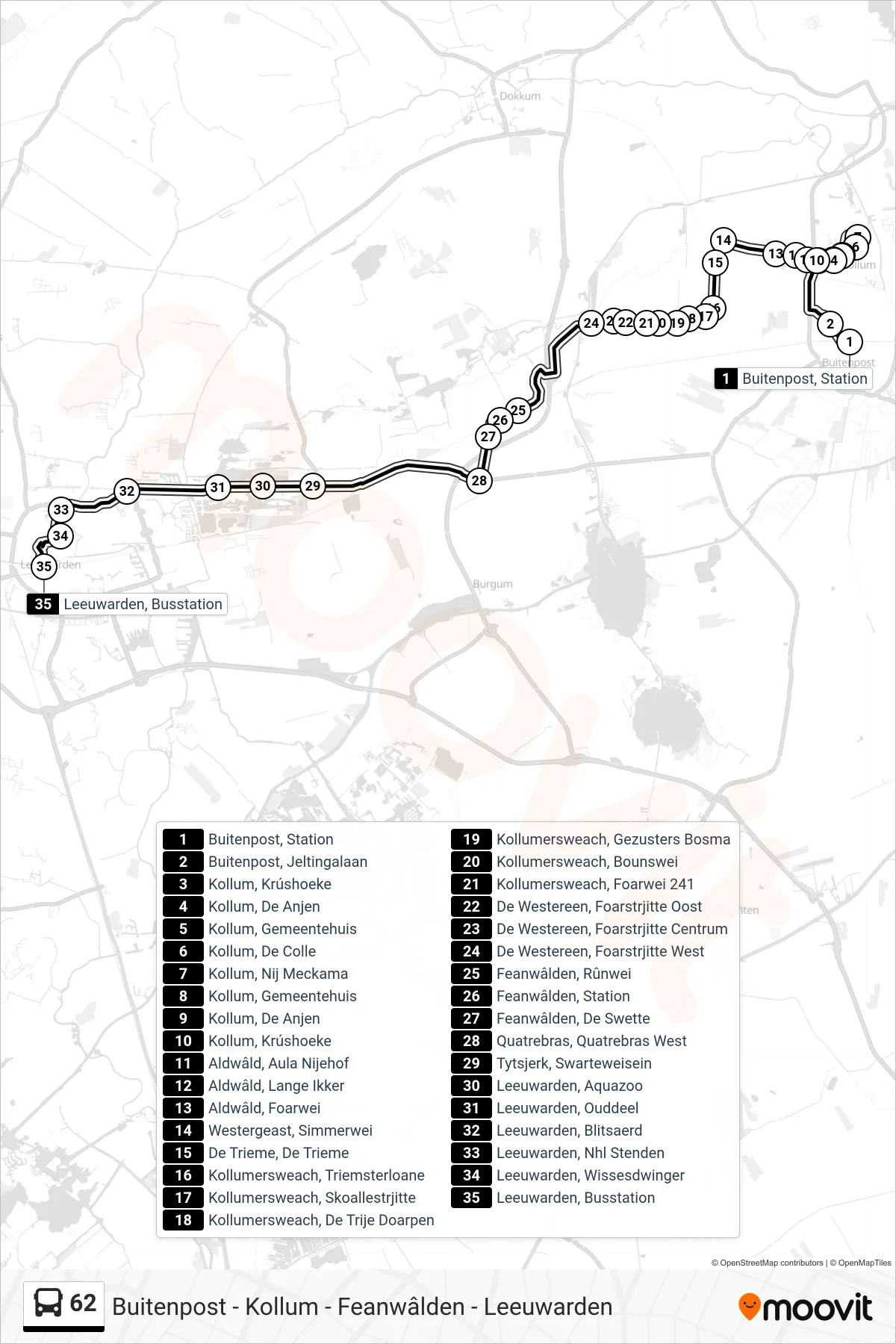 62 bus Line (Leeuwarden) route and stops on a map