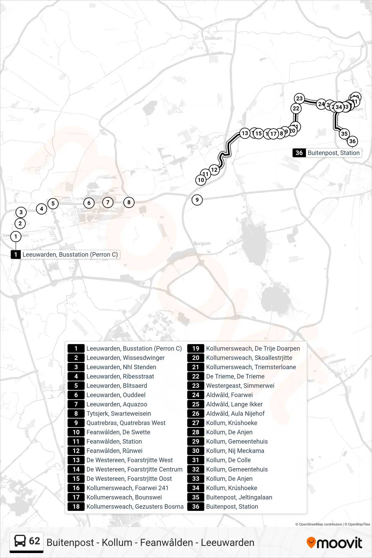 Lijn 62 (bus, Buitenpost): route en haltes op de kaart