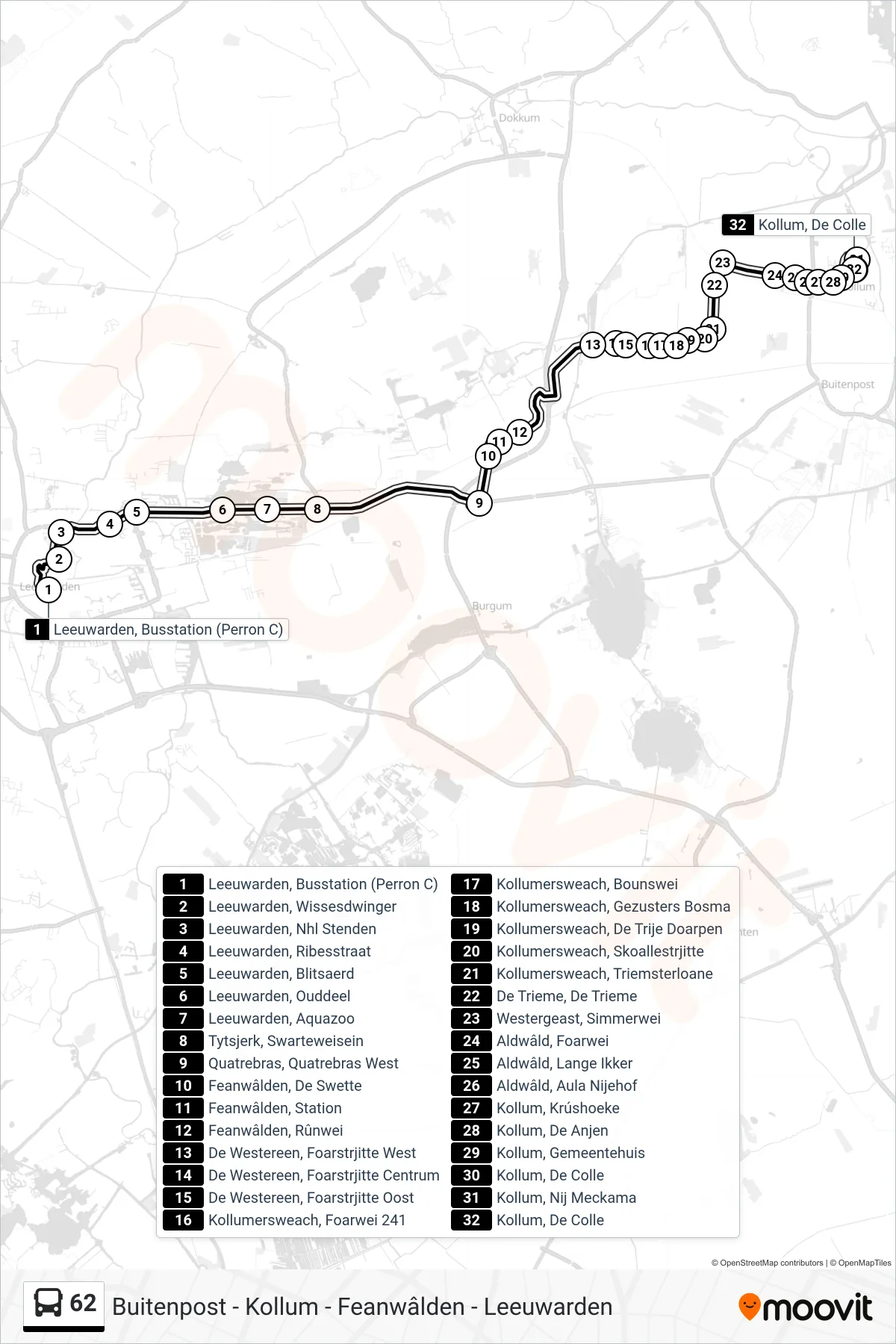 Lijn 62 (bus, Kollum): route en haltes op de kaart