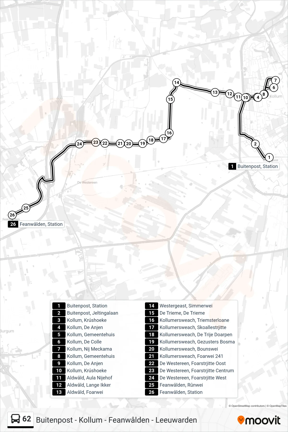 Lijn 62 (bus, Feanwâlden): route en haltes op de kaart