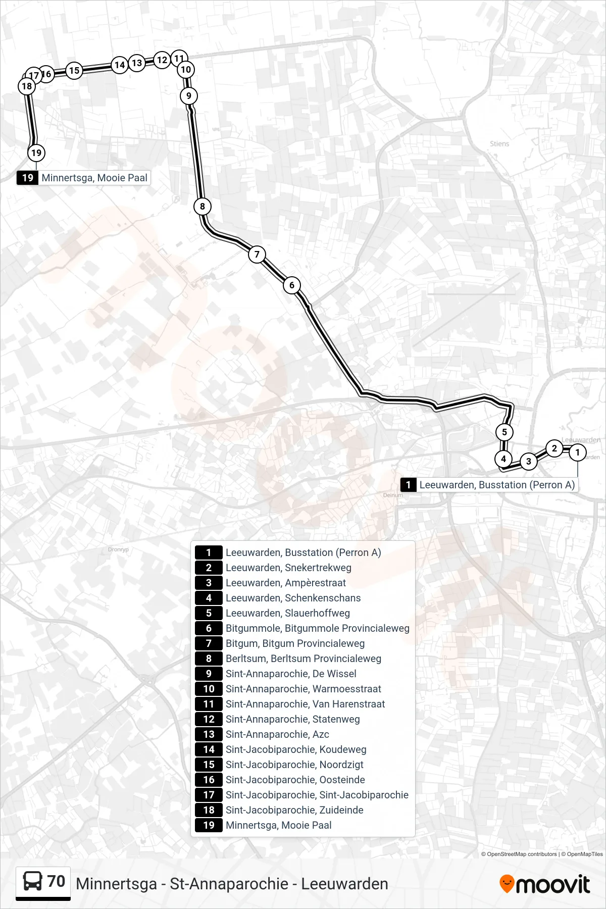 Lijn 70 (bus, Minnertsga): route en haltes op de kaart