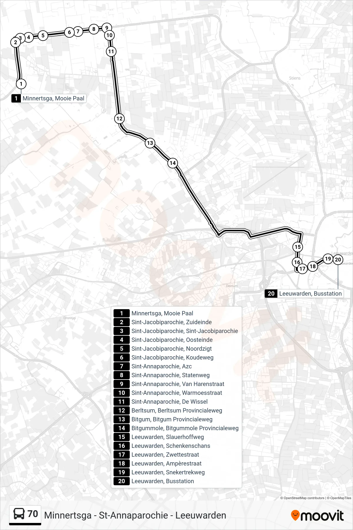 70 bus Line (Leeuwarden) route and stops on a map