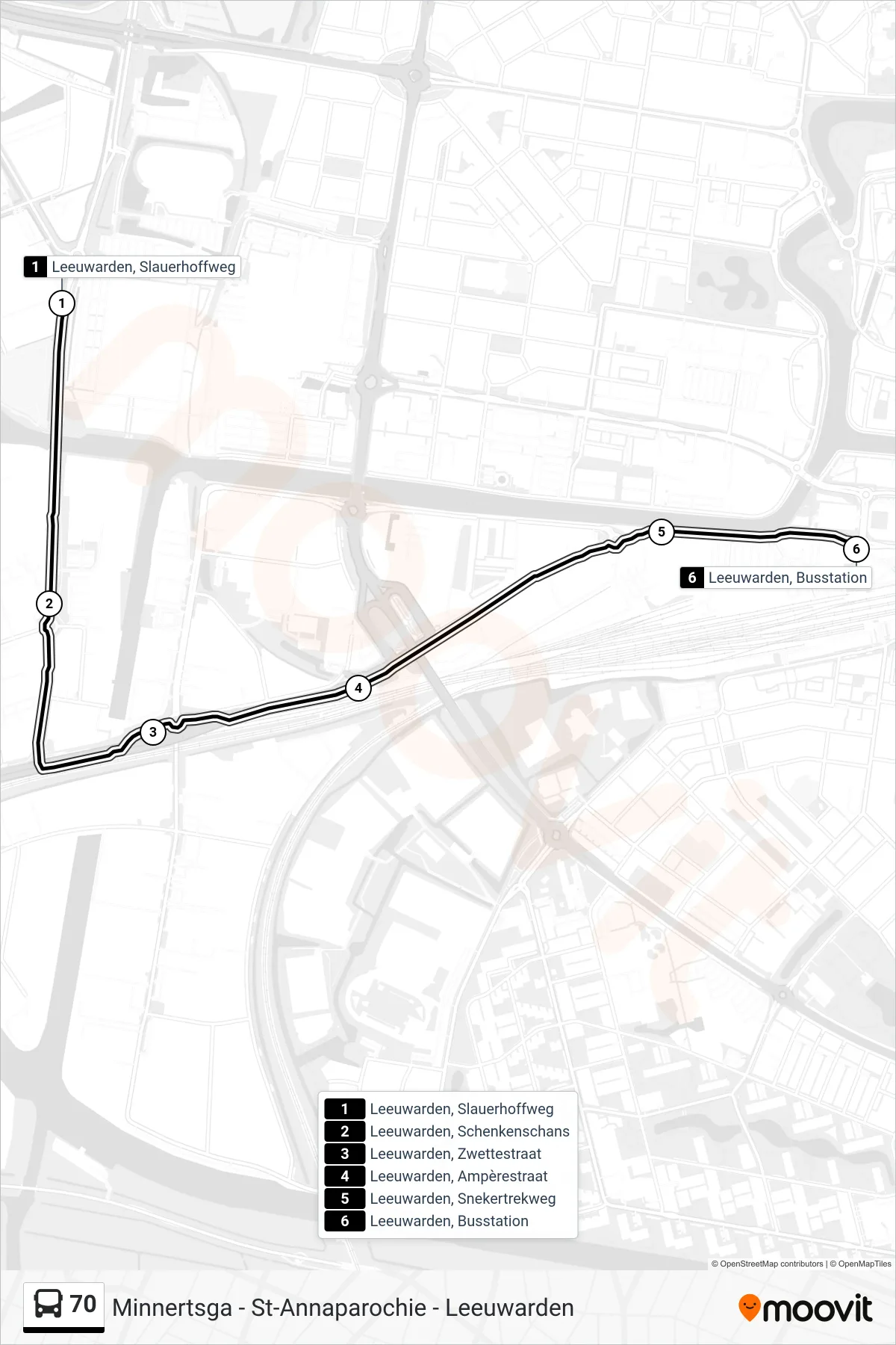 70 bus Line (Busstation) route and stops on a map