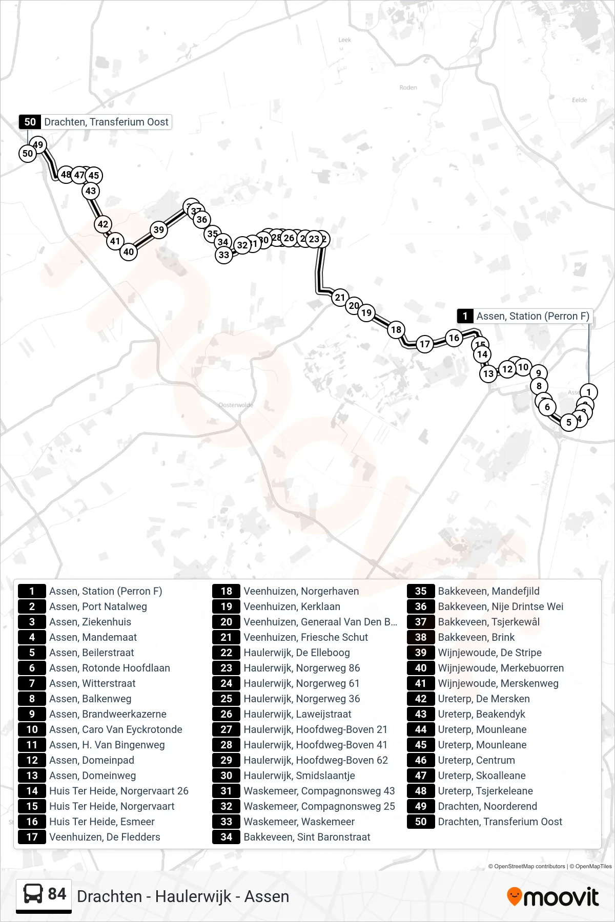84 bus Line (Drachten) route and stops on a map