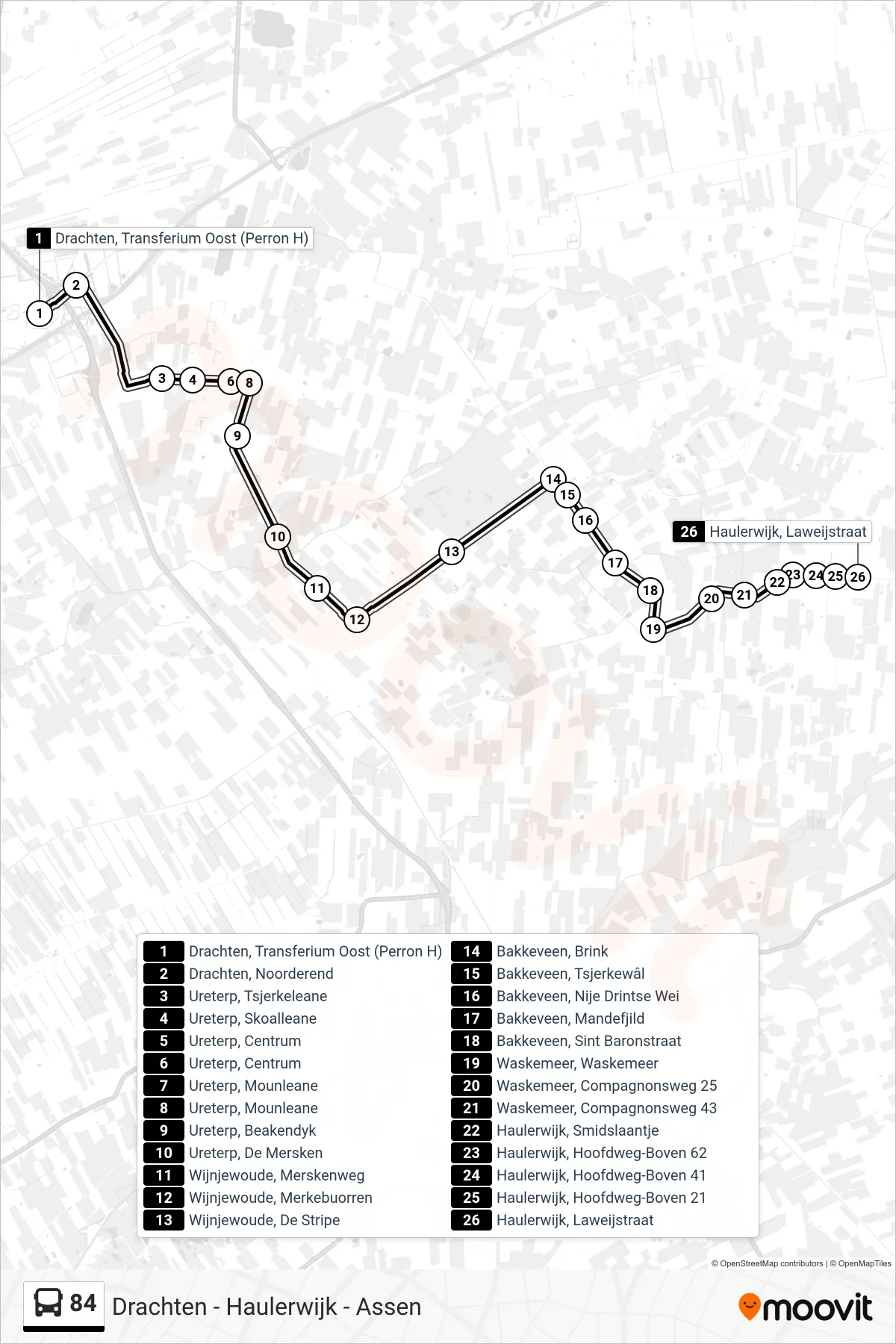 Lijn 84 (bus, Haulerwijk): route en haltes op de kaart