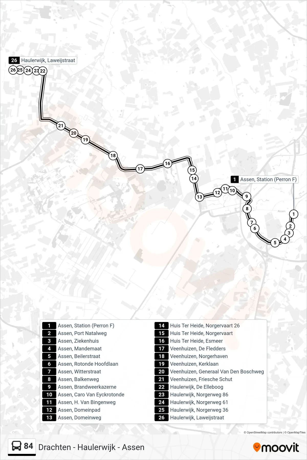 Lijn 84 (bus, Haulerwijk): route en haltes op de kaart