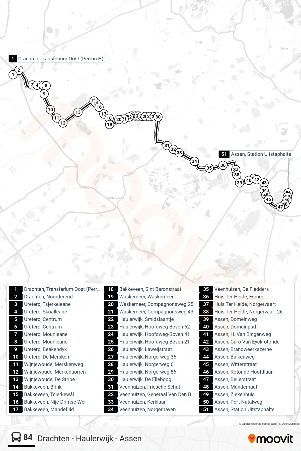 Lijn 84 (bus, Assen): route en haltes op de kaart