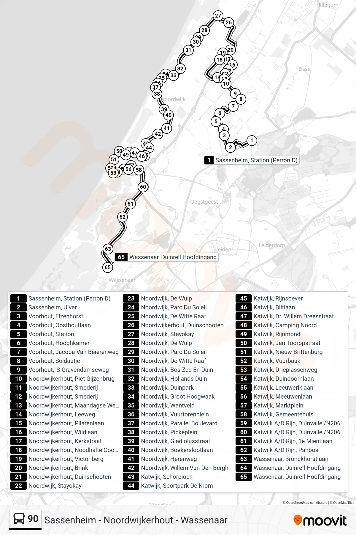 Lijn 90 (bus, Wassenaar): route en haltes op de kaart