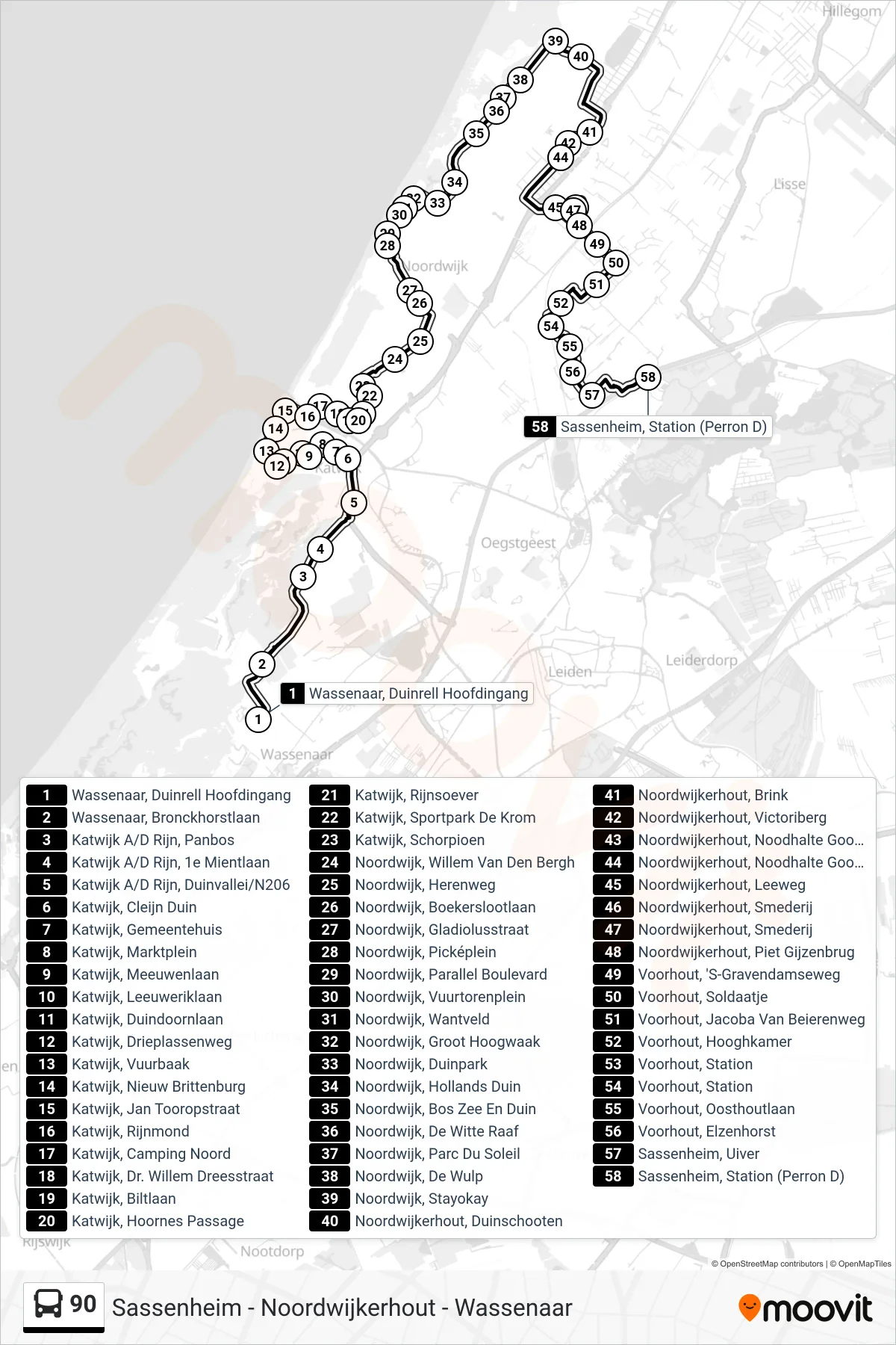 90 bus Line (Sassenheim) route and stops on a map