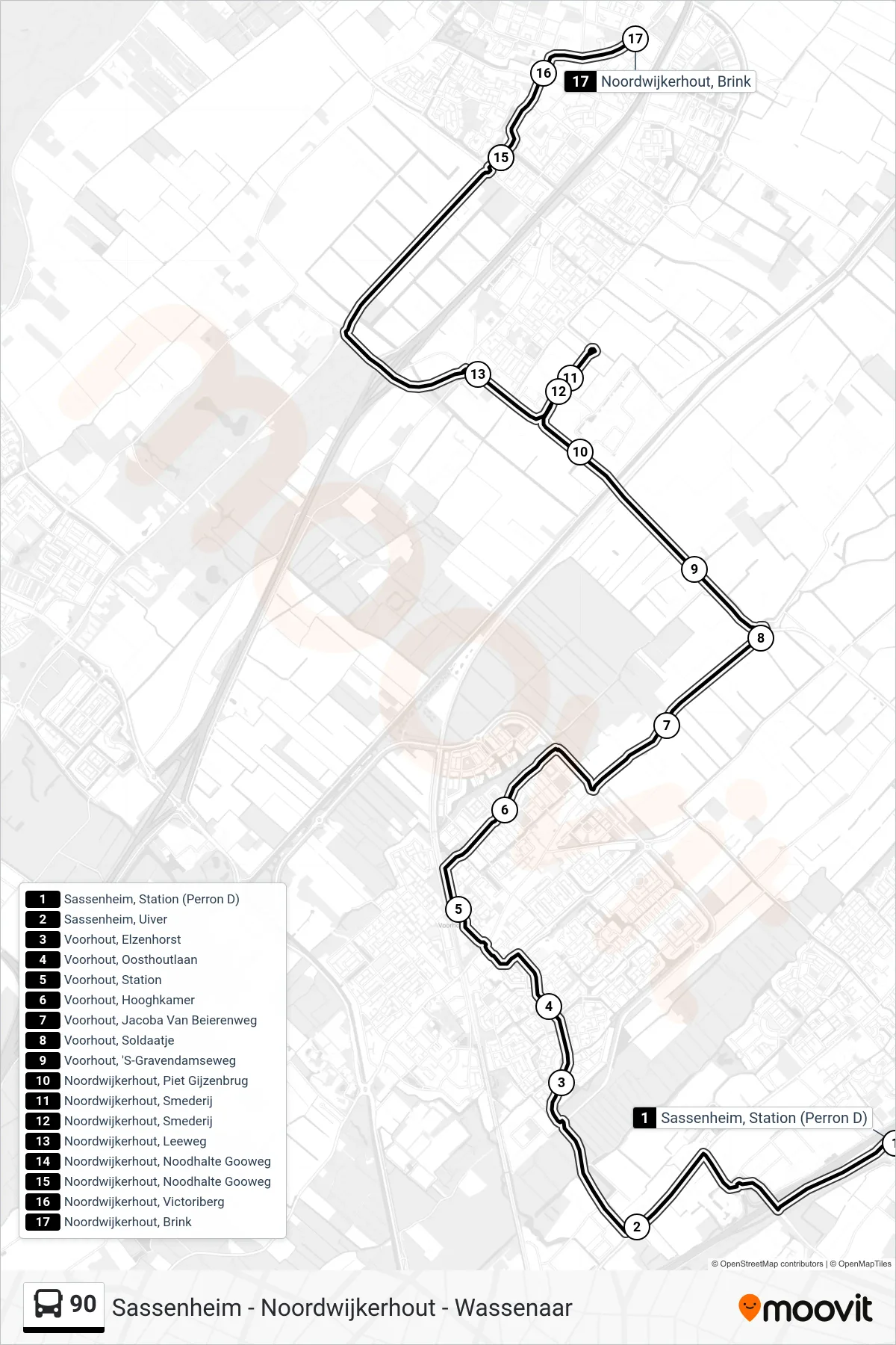 90 bus Line (Noordwijkerhout) route and stops on a map