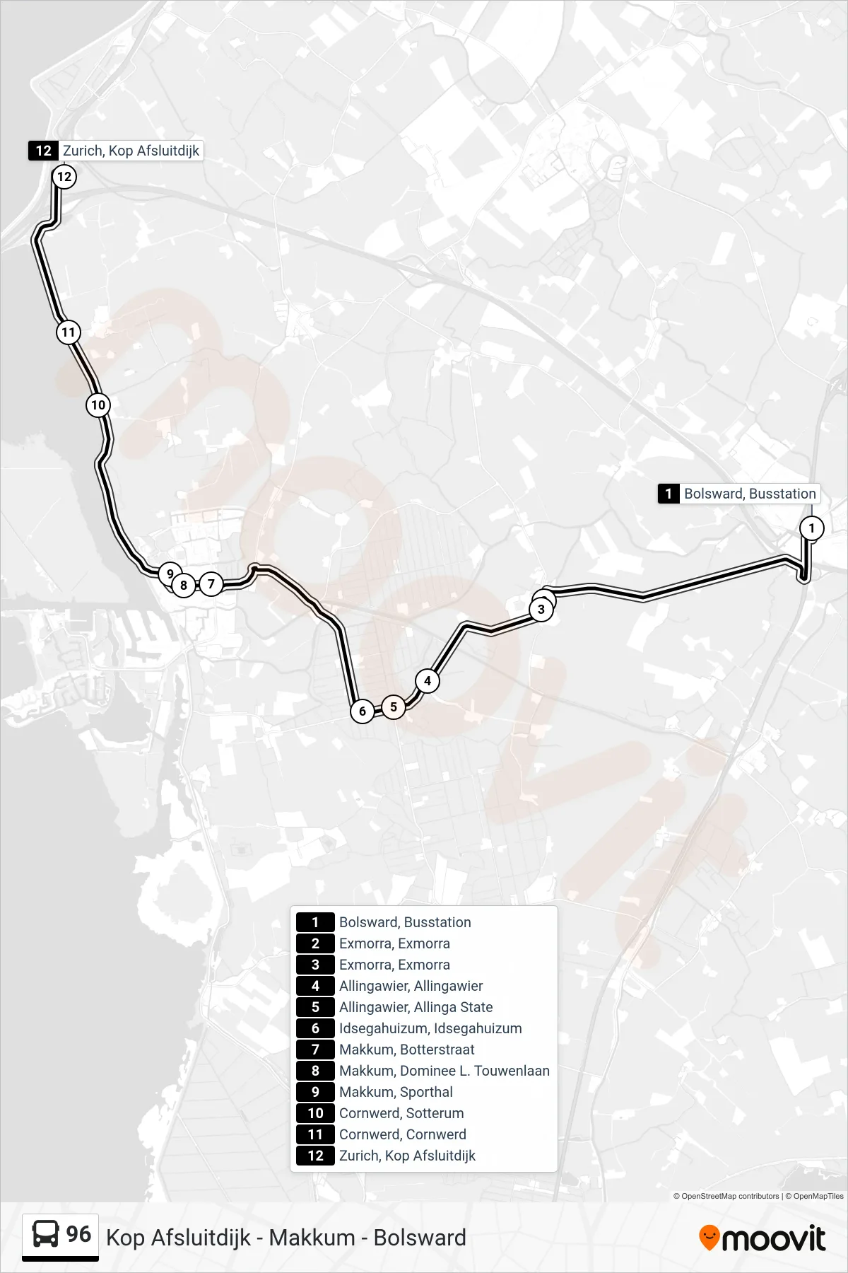 Lijn 96 (bus, Kop Afsluitdijk): route en haltes op de kaart