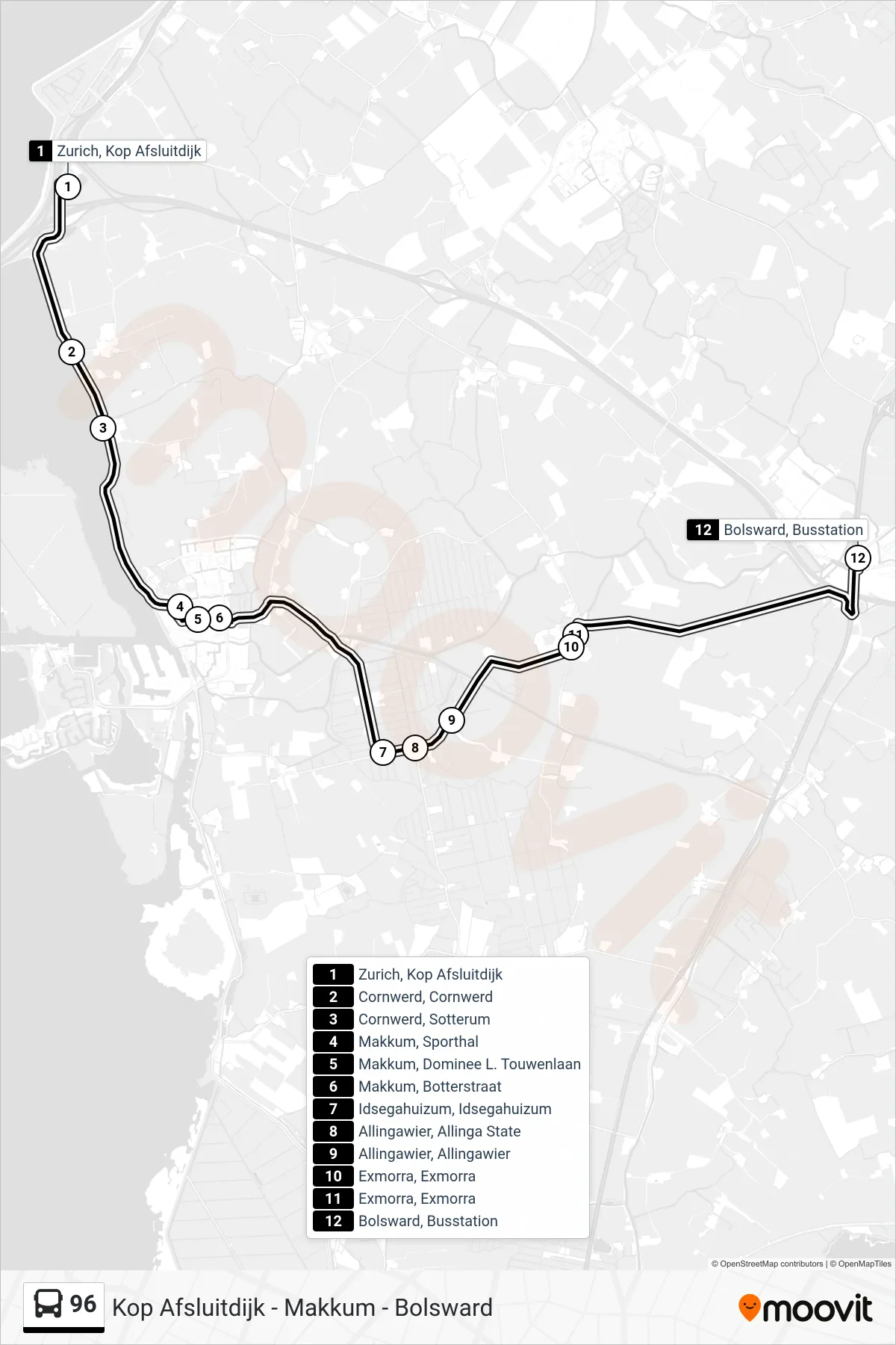 Lijn 96 (bus, Bolsward): route en haltes op de kaart