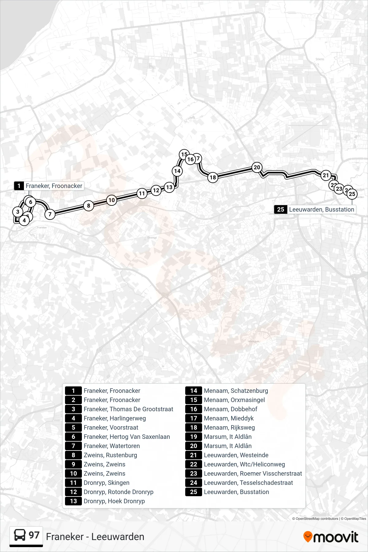Lijn 97 (bus, Franeker): route en haltes op de kaart