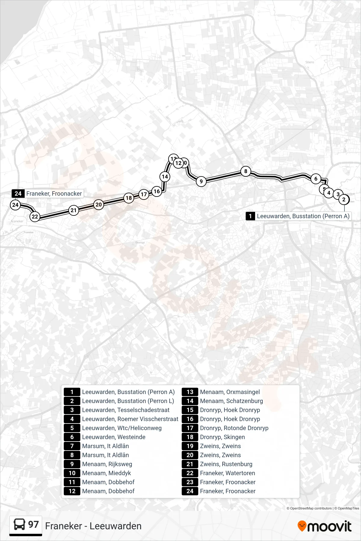 Lijn 97 (bus, Franeker): route en haltes op de kaart