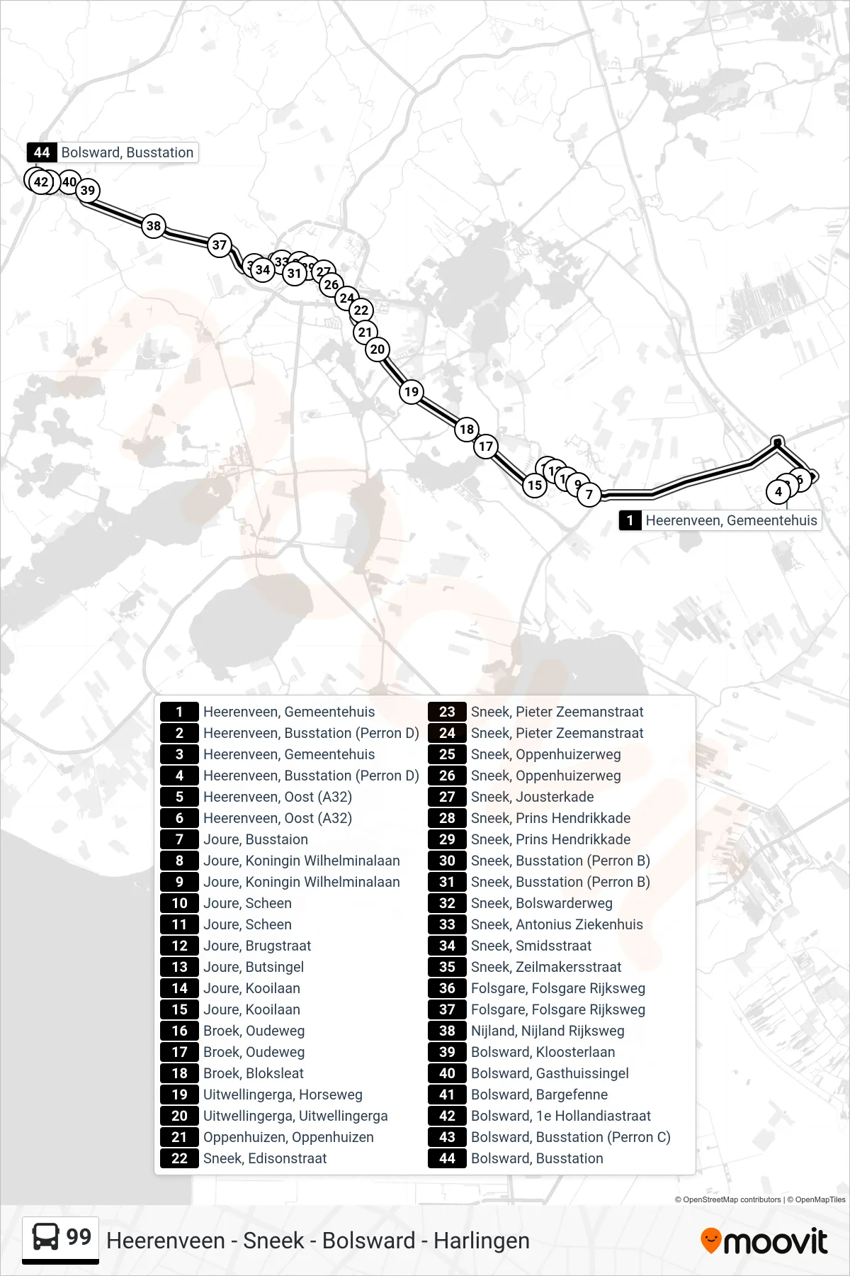 Lijn 99 (bus, Bolsward): route en haltes op de kaart