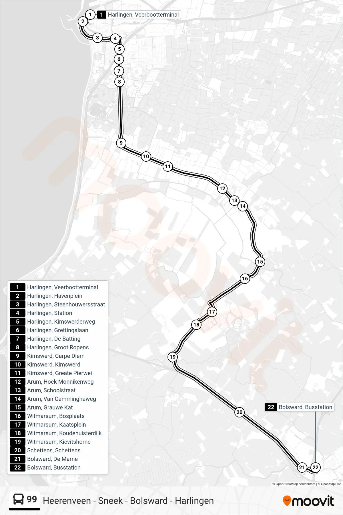 Lijn 99 (bus, Bolsward): route en haltes op de kaart