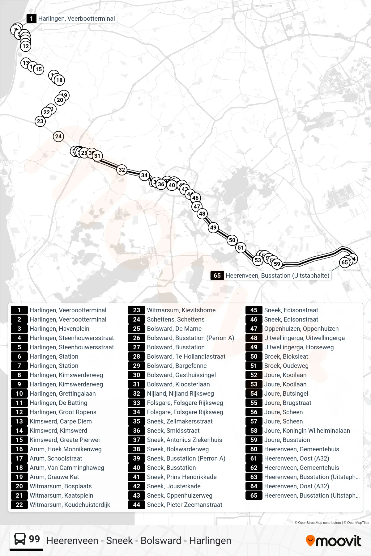 Lijn 99 (bus, Heerenveen): route en haltes op de kaart