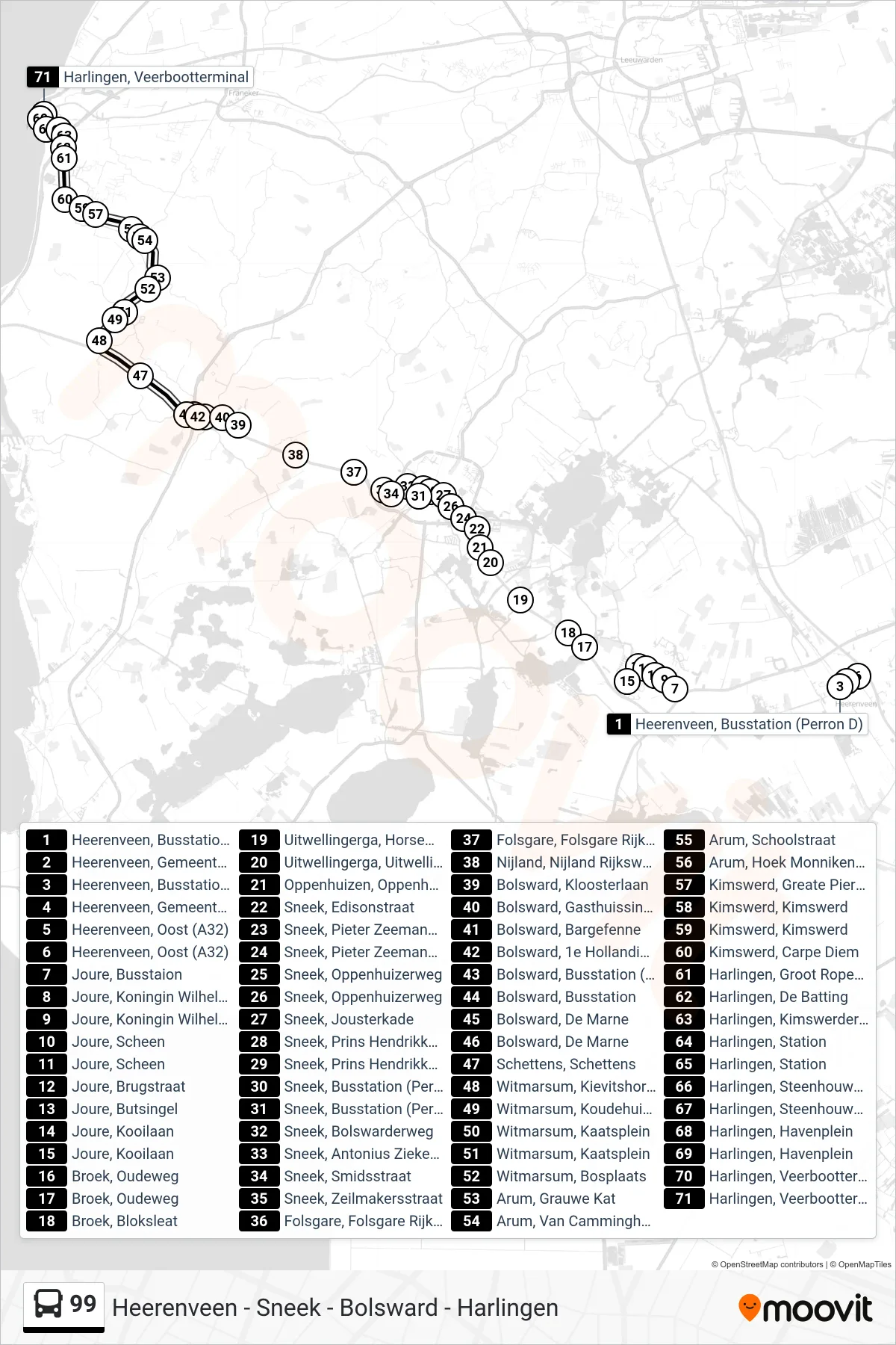 Lijn 99 (bus, Harlingen): route en haltes op de kaart