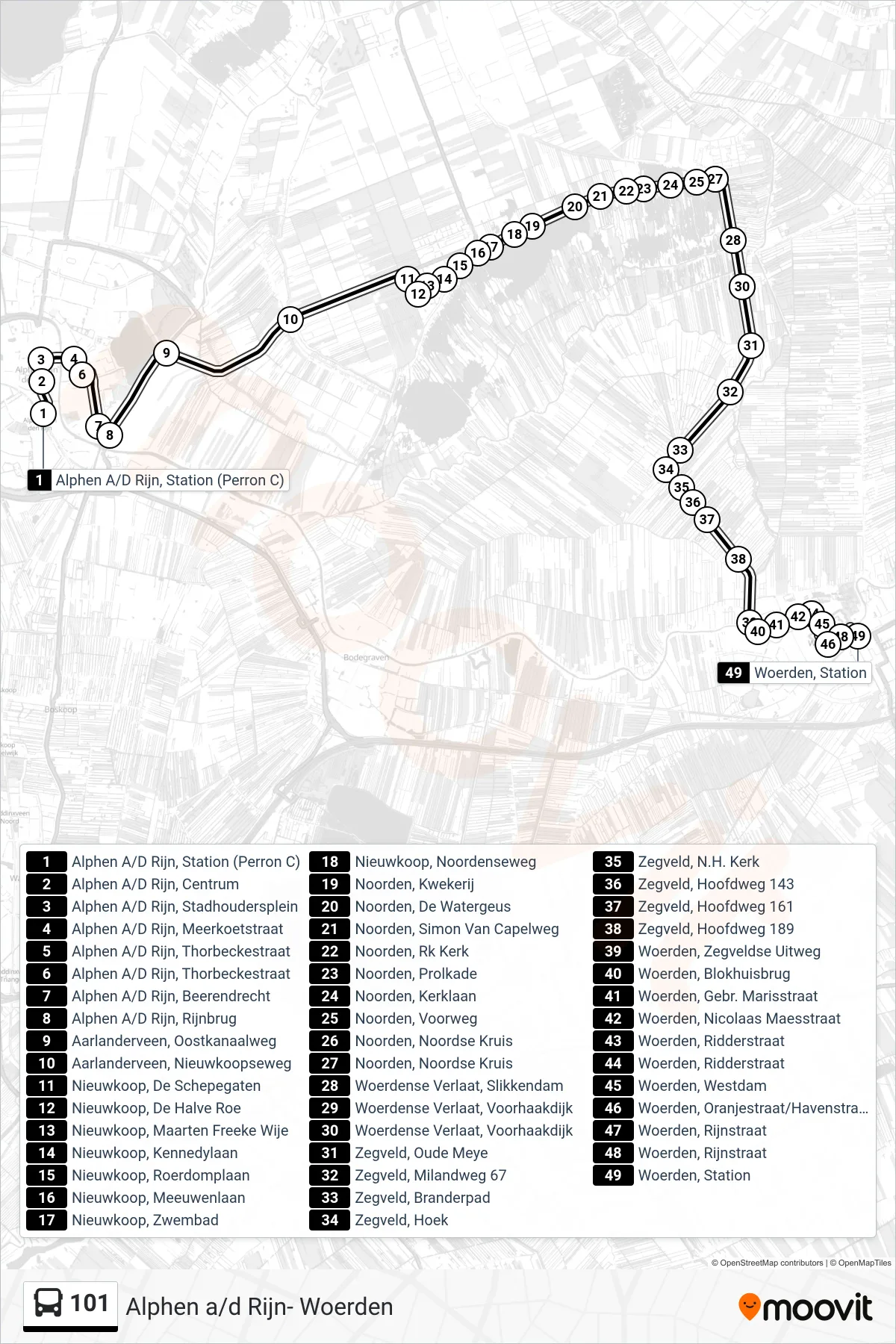 Lijn 101 (bus, Woerden): route en haltes op de kaart