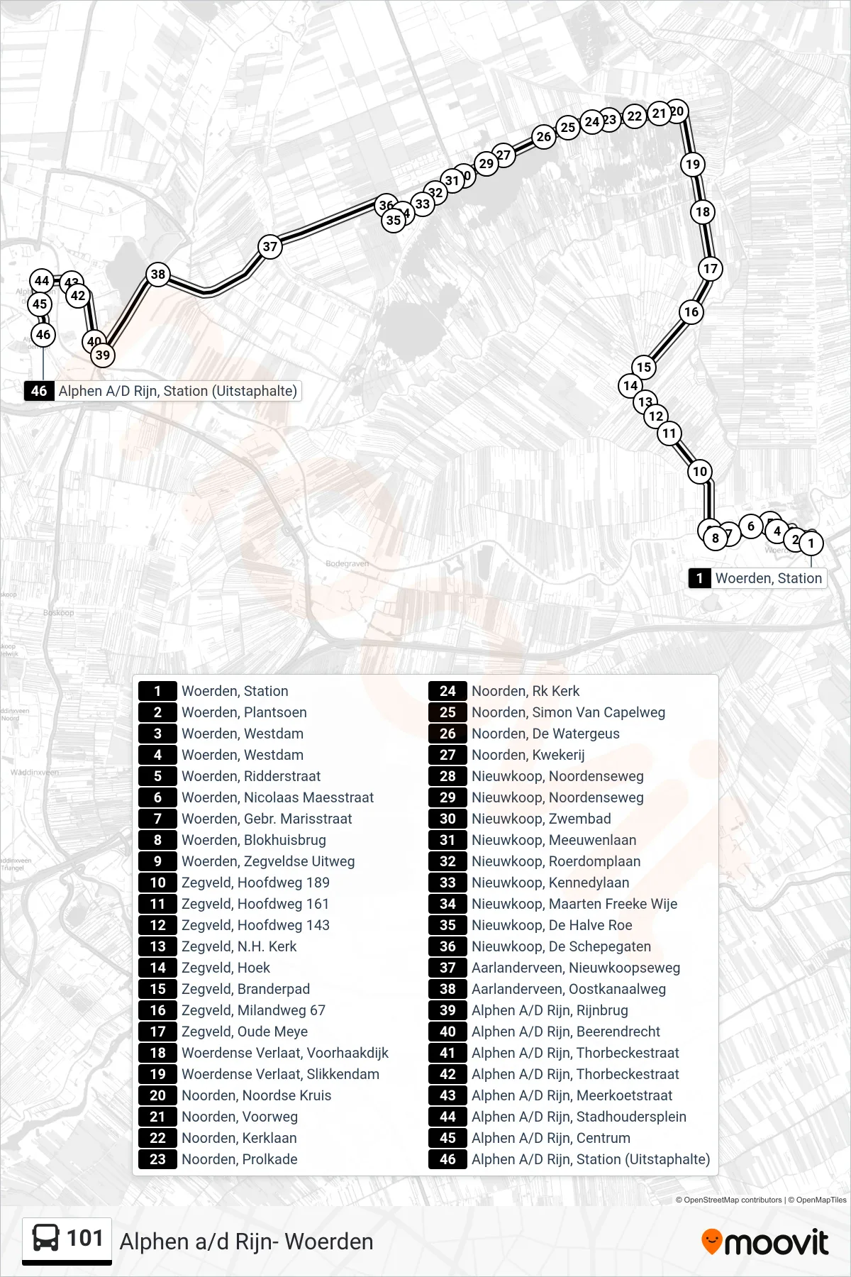 Lijn 101 (bus, Alphen A/D Rijn): route en haltes op de kaart
