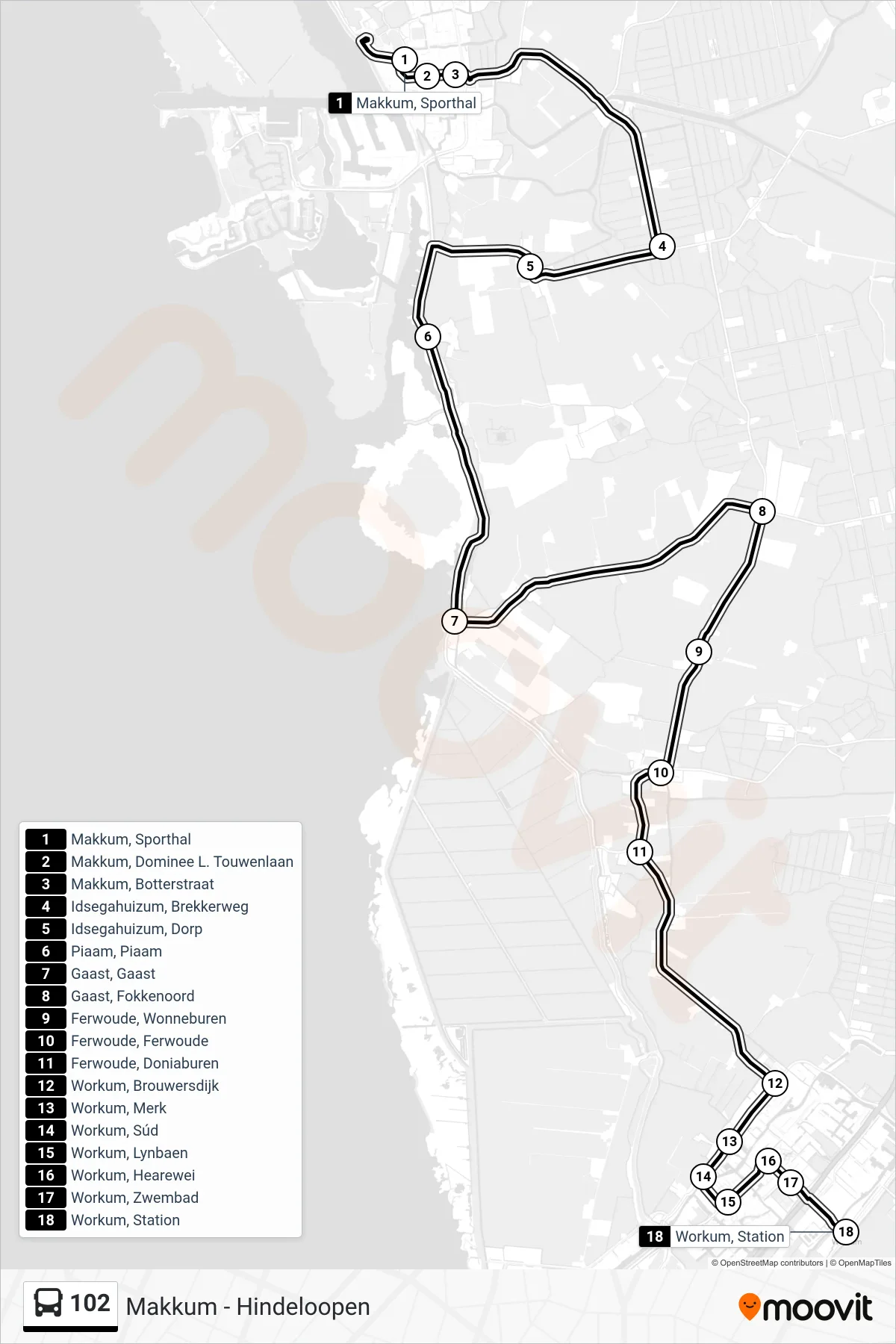 Lijn 102 (bus, Workum): route en haltes op de kaart