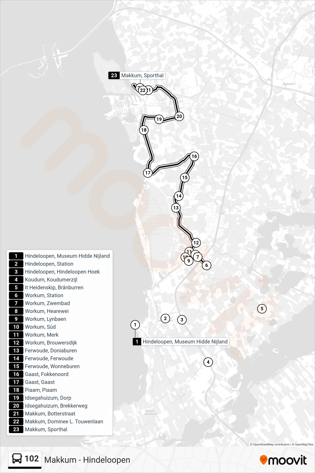 Lijn 102 (bus, Makkum): route en haltes op de kaart