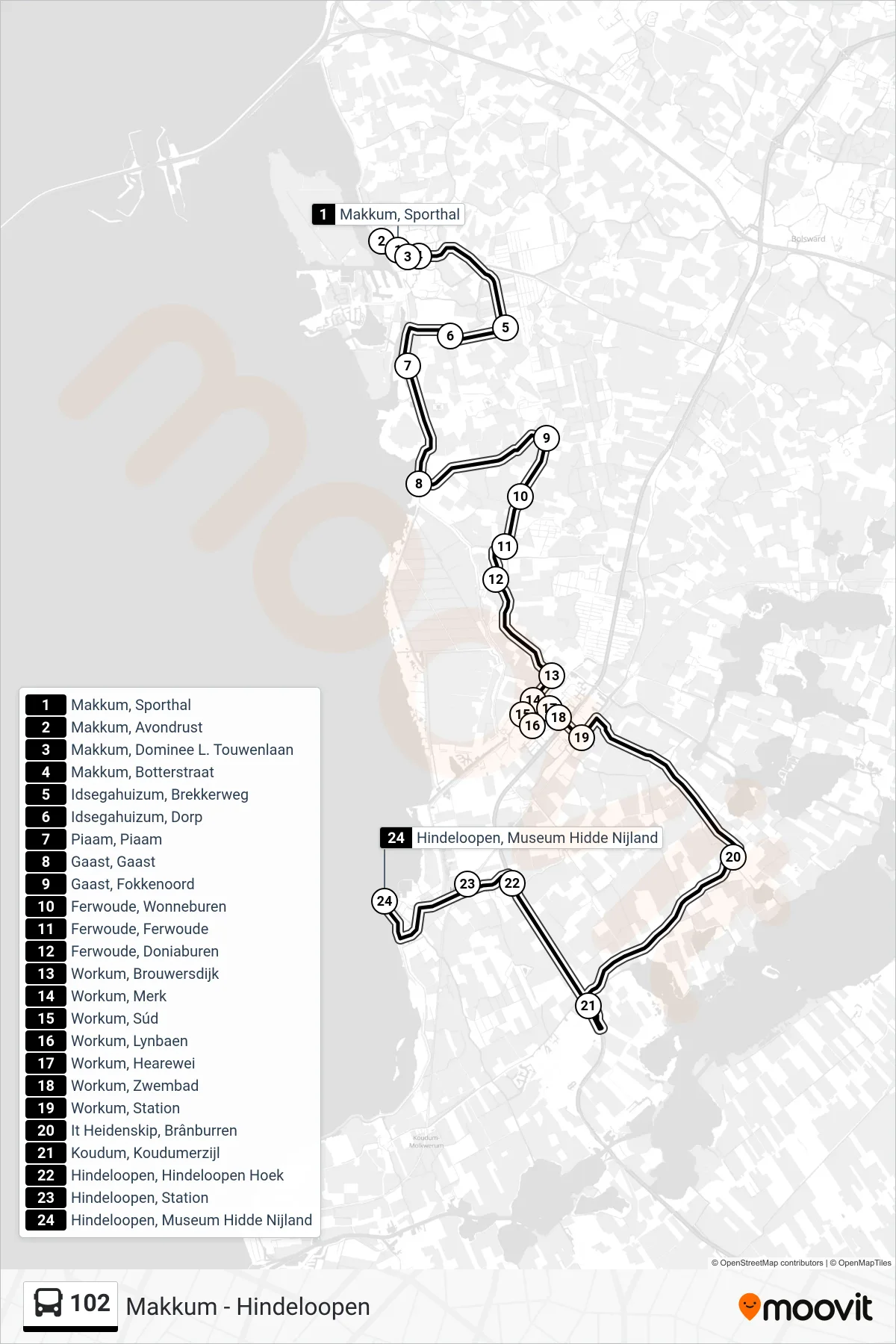 Lijn 102 (bus, Hindeloopen): route en haltes op de kaart