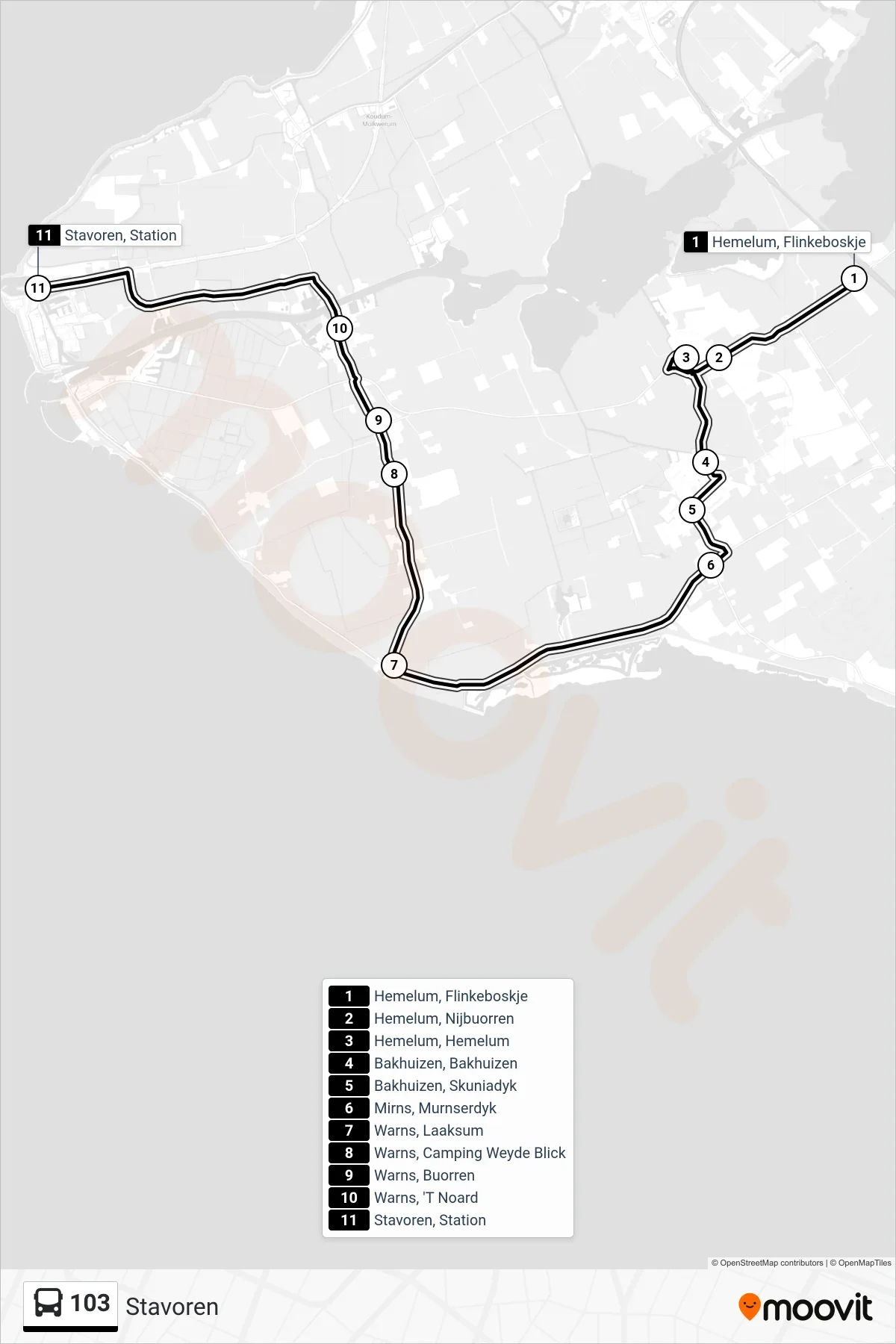 Lijn 103 (bus, Stavoren): route en haltes op de kaart