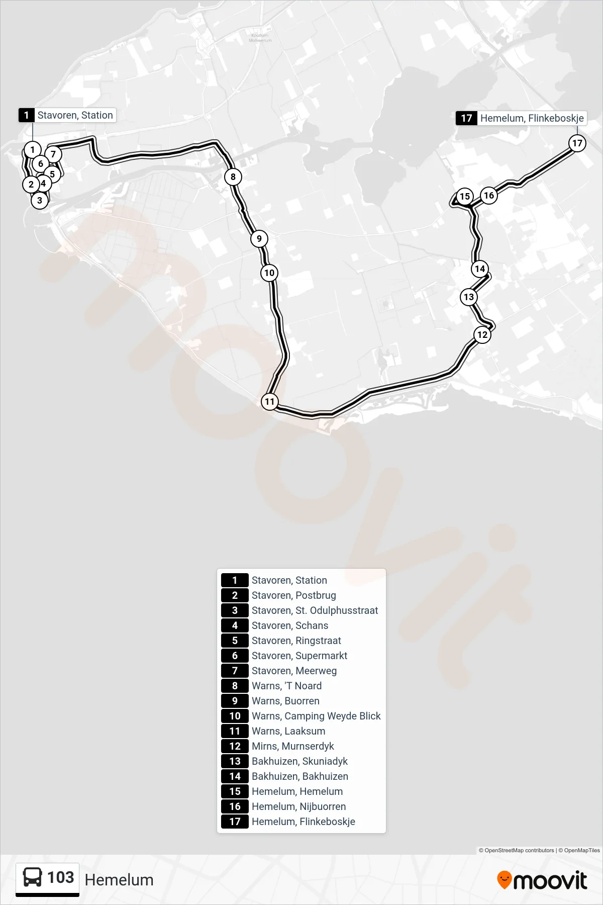 Lijn 103 (bus, Hemelum): route en haltes op de kaart