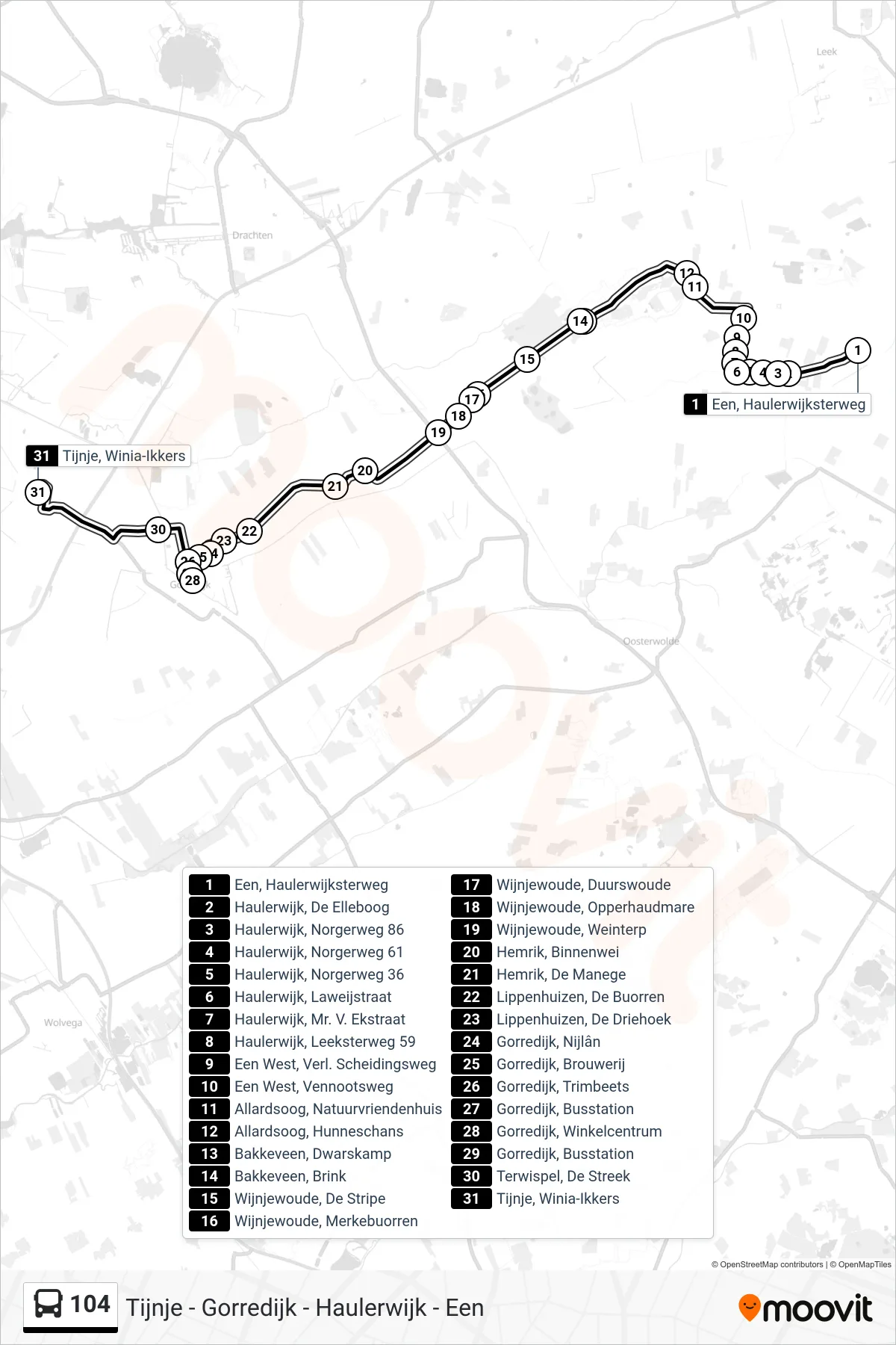 Lijn 104 (bus, Tijnje): route en haltes op de kaart