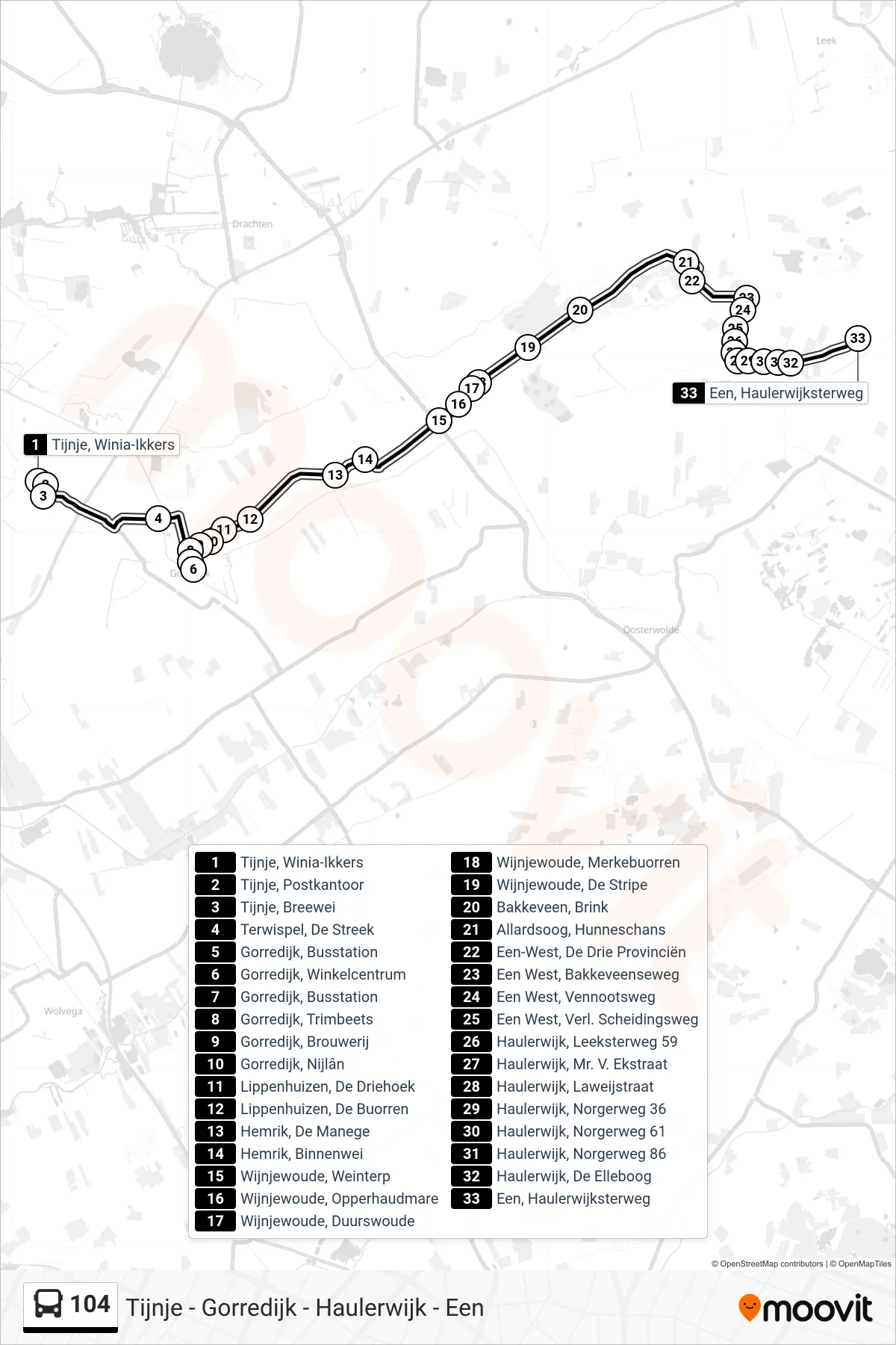 Lijn 104 (bus, Een): route en haltes op de kaart