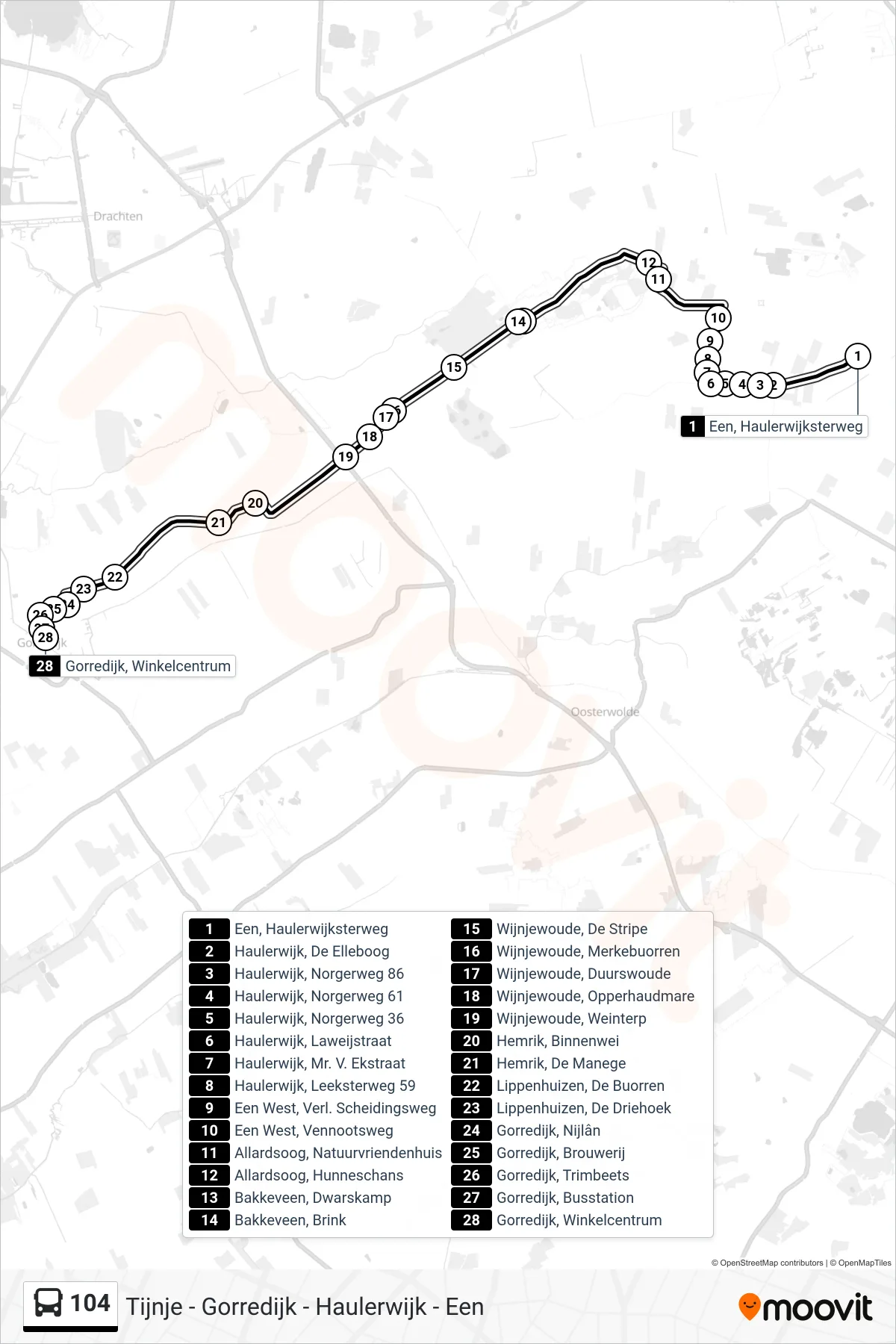 Lijn 104 (bus, Gorredijk): route en haltes op de kaart