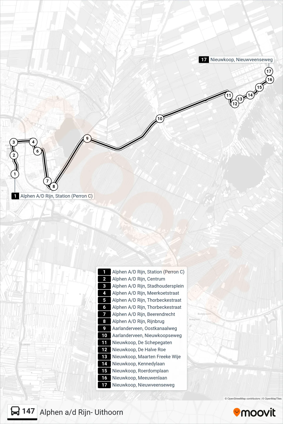 Lijn 147 (bus, Nieuwkoop): route en haltes op de kaart