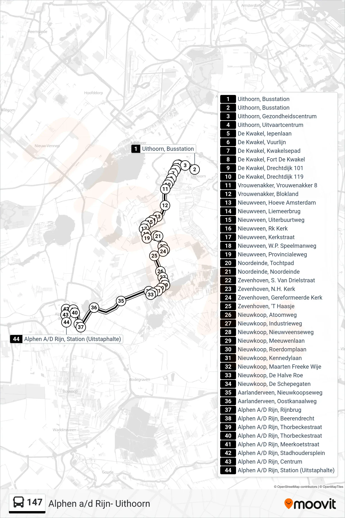 Lijn 147 (bus, Alphen A/D Rijn): route en haltes op de kaart