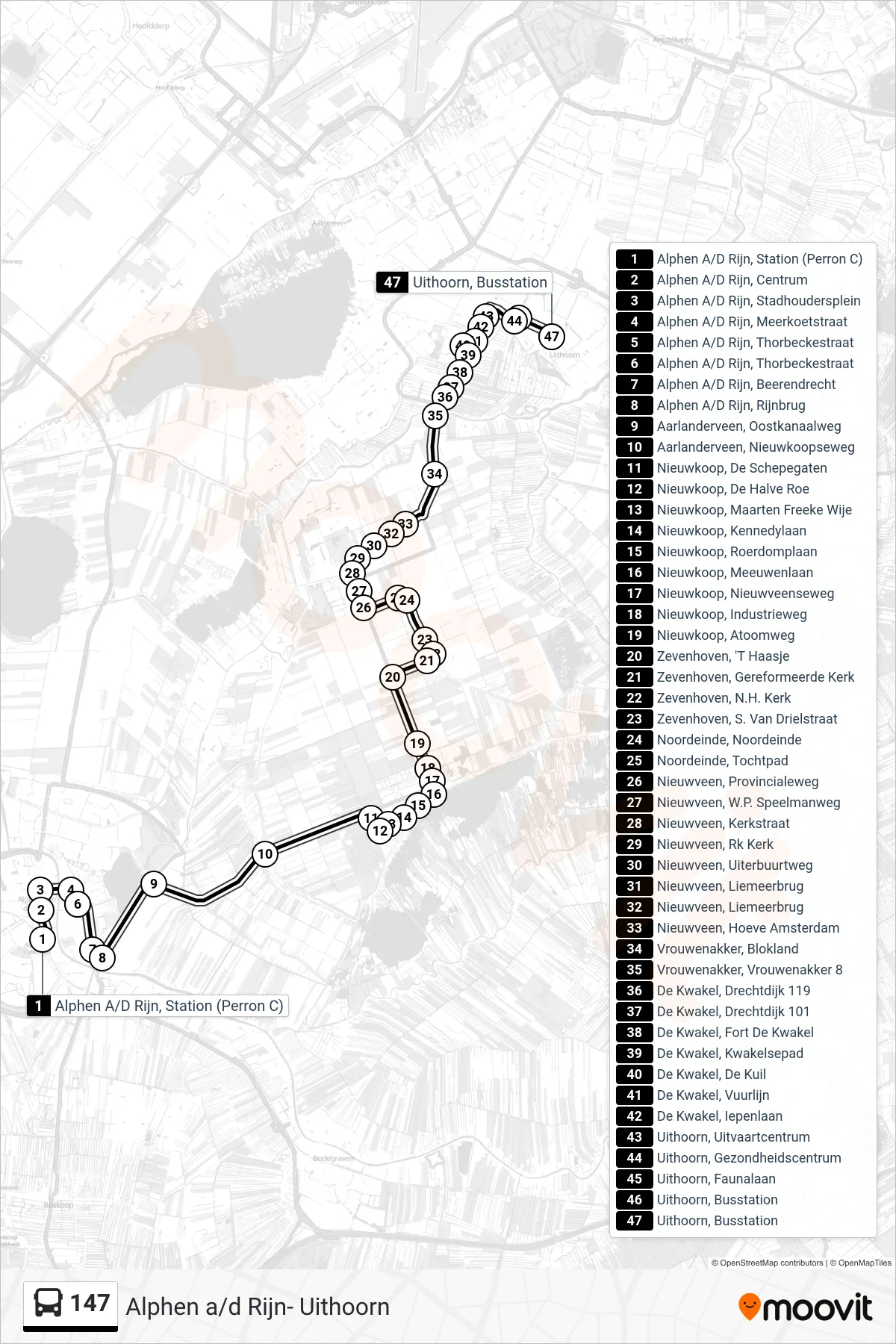 Lijn 147 (bus, Uithoorn): route en haltes op de kaart