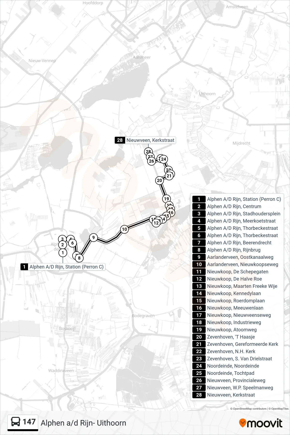 Lijn 147 (bus, Nieuwveen): route en haltes op de kaart