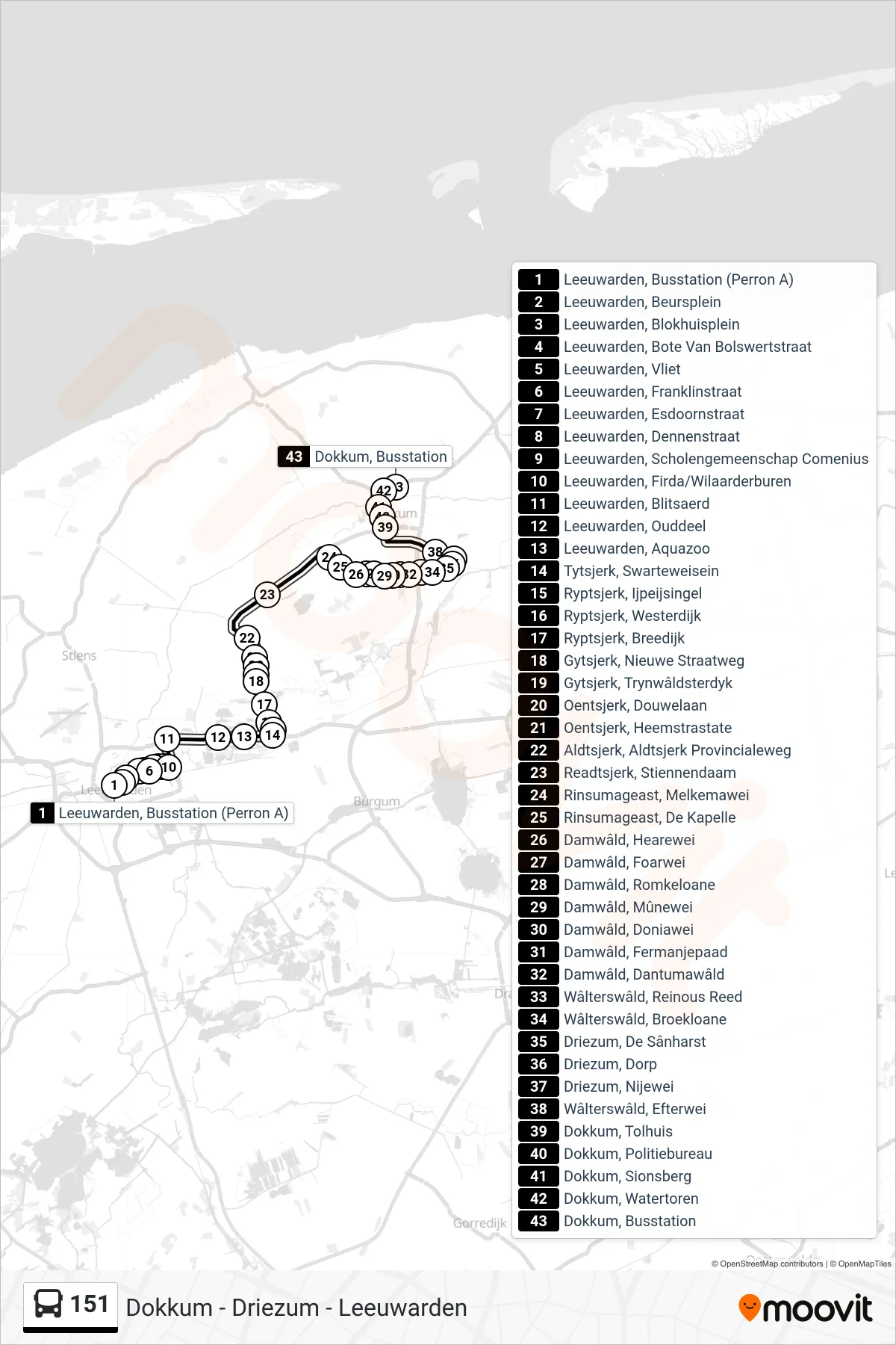 Lijn 151 (bus, Dokkum): route en haltes op de kaart