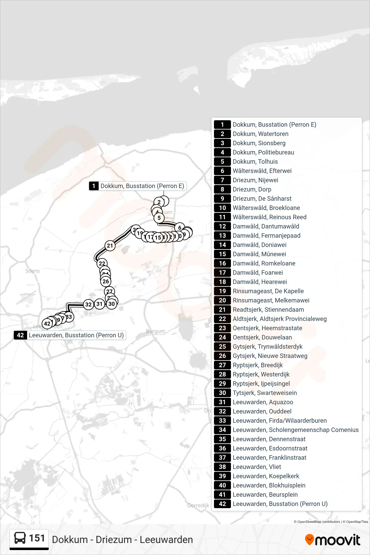 Lijn 151 (bus, Leeuwarden): route en haltes op de kaart