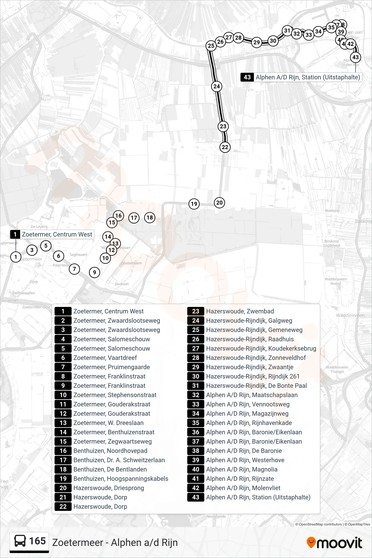 Lijn 165 (bus, Alphen A/D Rijn): route en haltes op de kaart