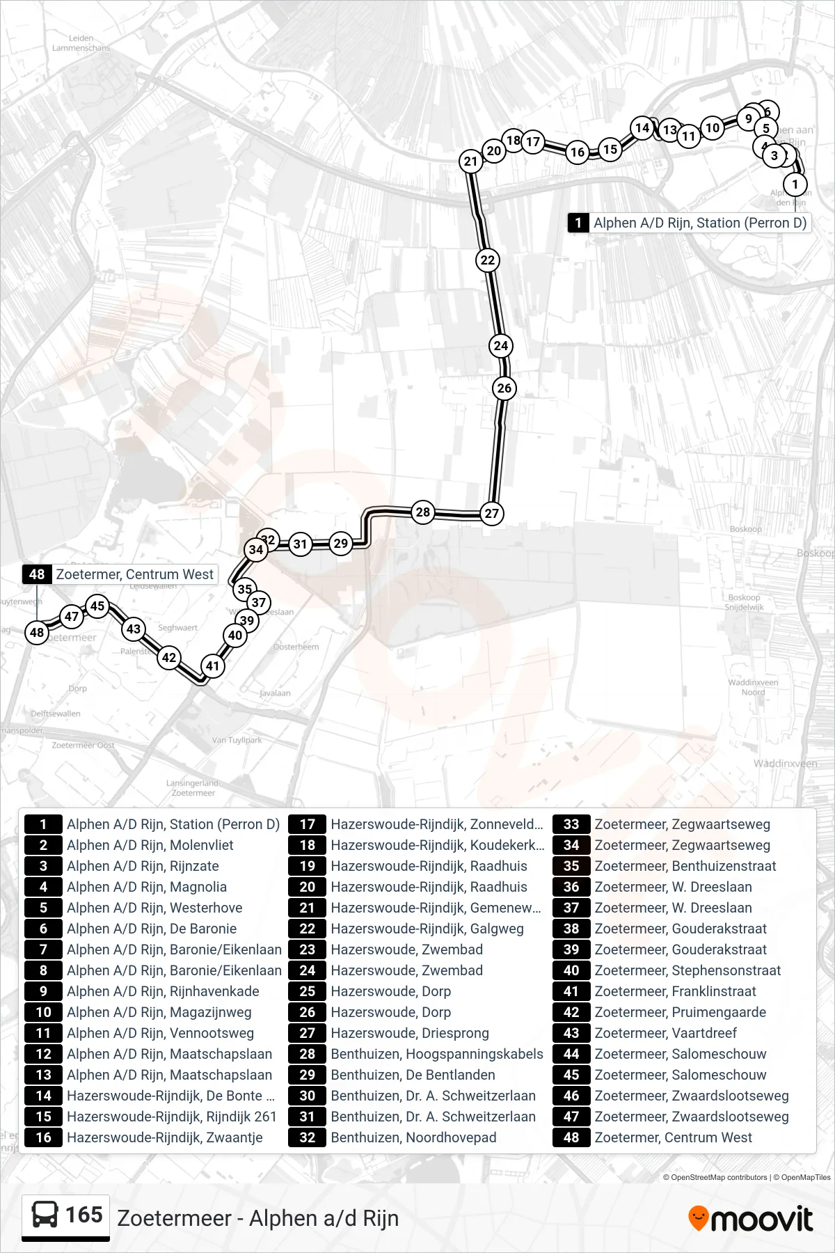 Lijn 165 (bus, Zoetermeer): route en haltes op de kaart
