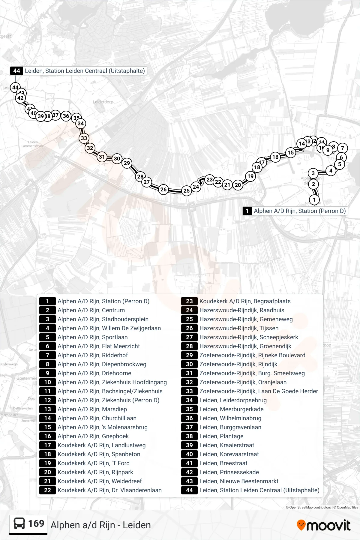 Lijn 169 (bus, Leiden Cs): route en haltes op de kaart